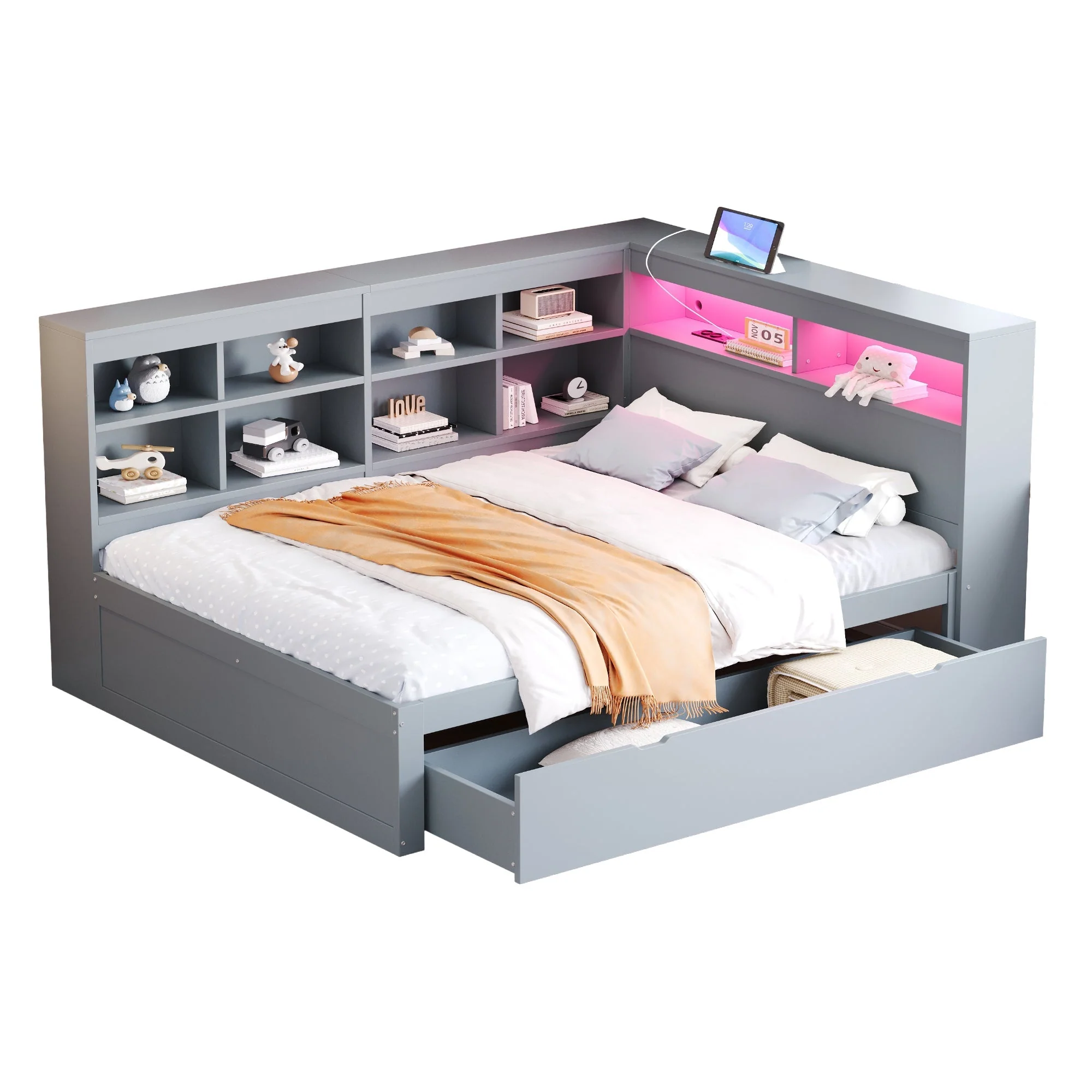 Solid Wood Sofa 140x200cm, Extra Large Drawers, USB, LED, Grey - Image 9