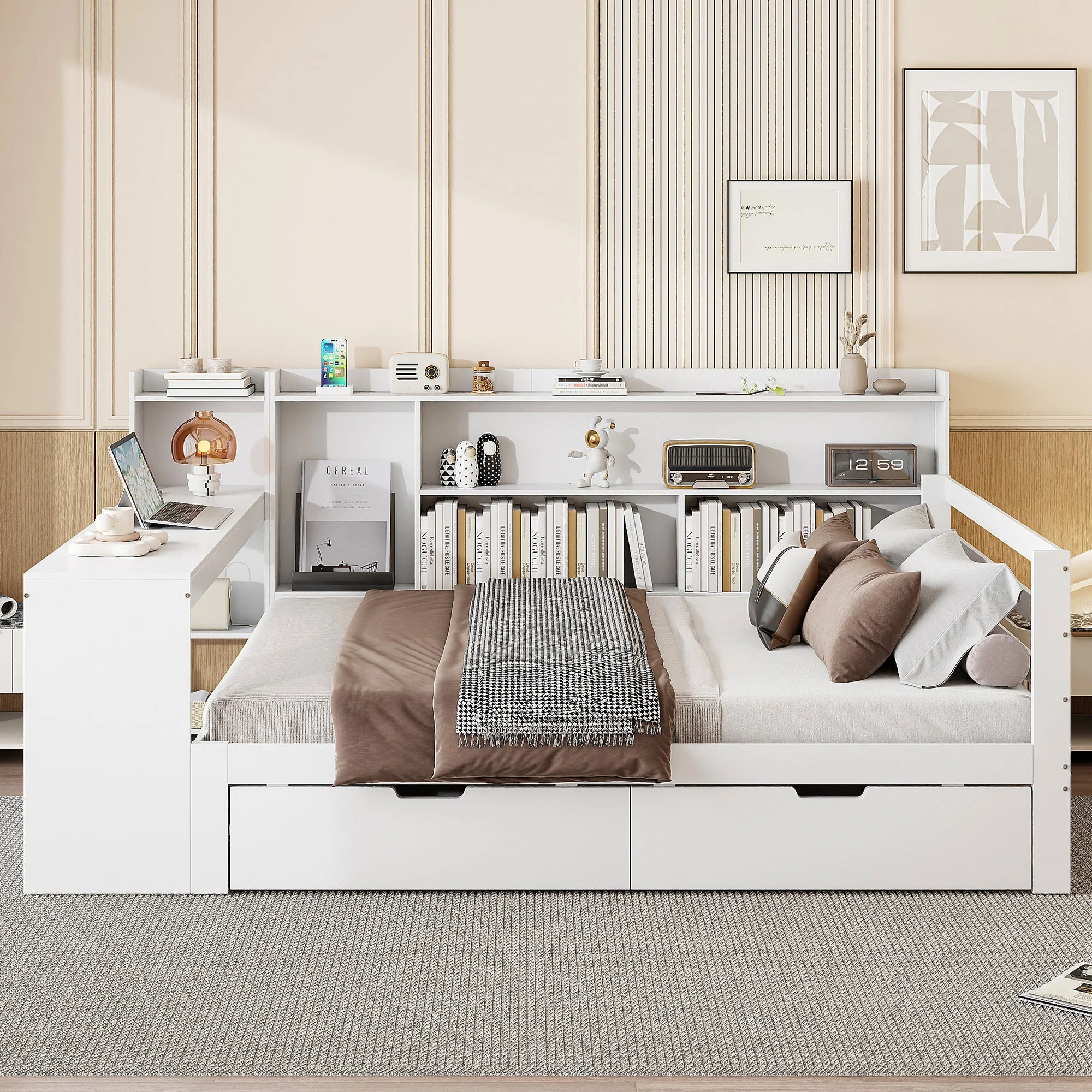 Solid Wood Sofa Bed, 140x200 cm, with Desk, Bookshelf, Storage, Power Outlet, White - Image 3