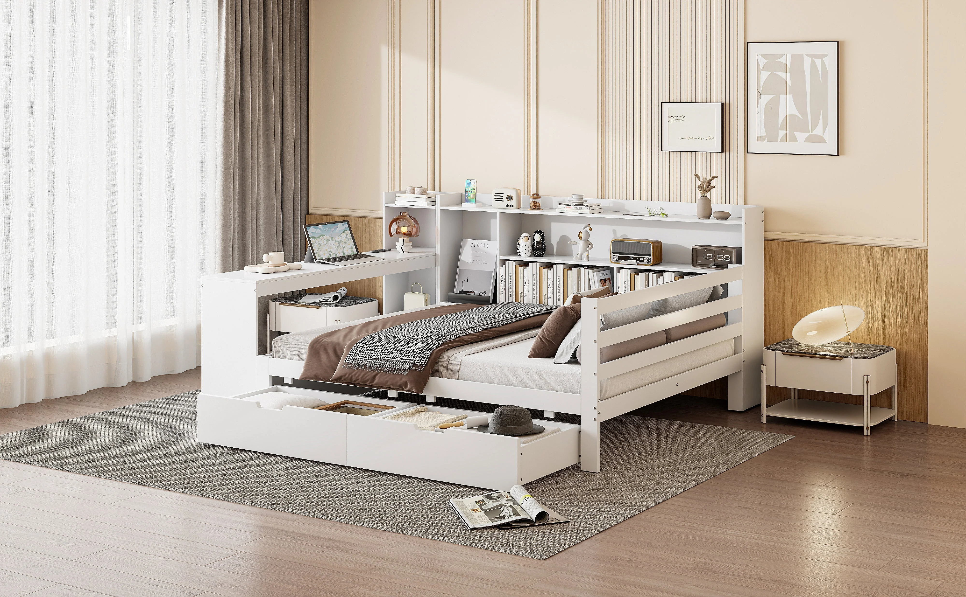 Solid Wood Sofa Bed, 140x200 cm, with Desk, Bookshelf, Storage, Power Outlet, White - Image 7