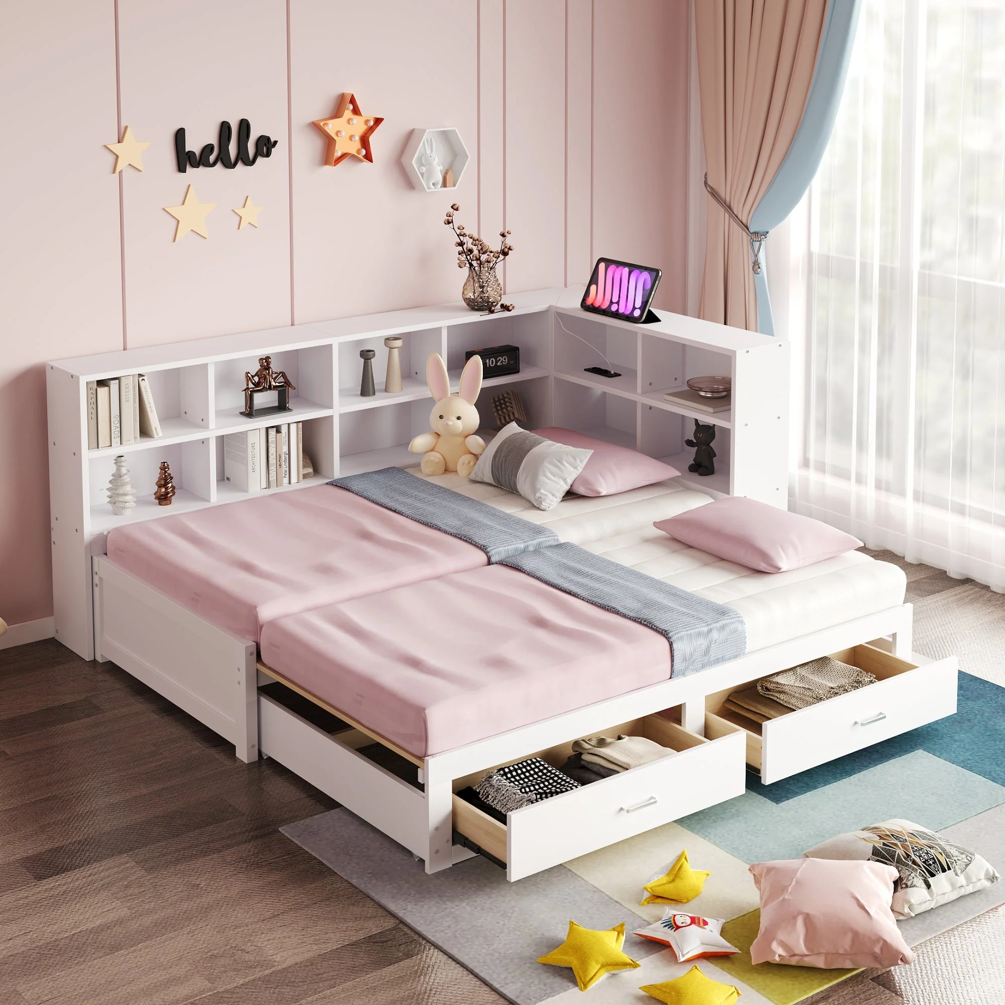 Solid Wood Sofa Bed 90/180*190cm Pull-Out Storage Drawers, White - Image 2