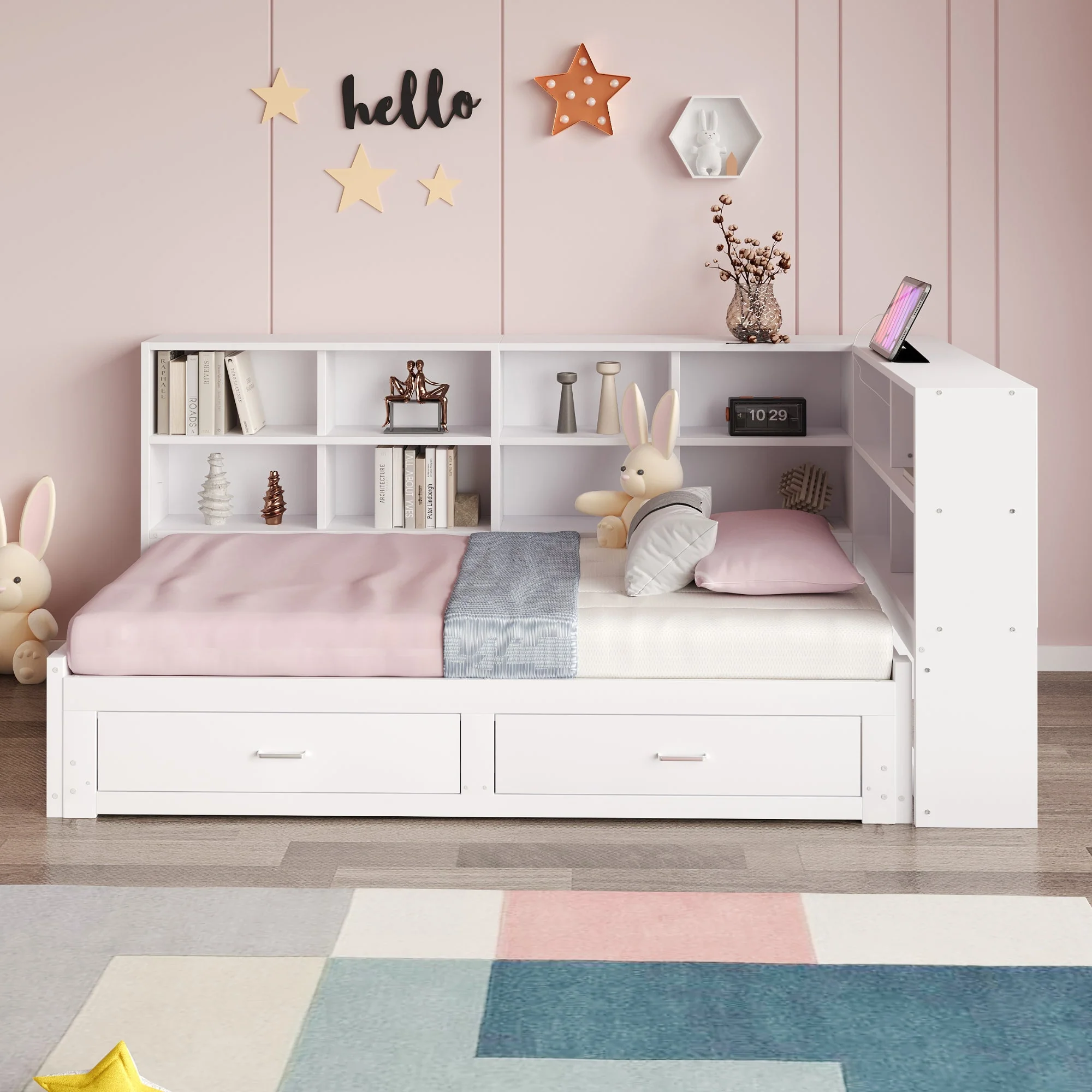 Solid Wood Sofa Bed 90/180*190cm Pull-Out Storage Drawers, White - Image 3