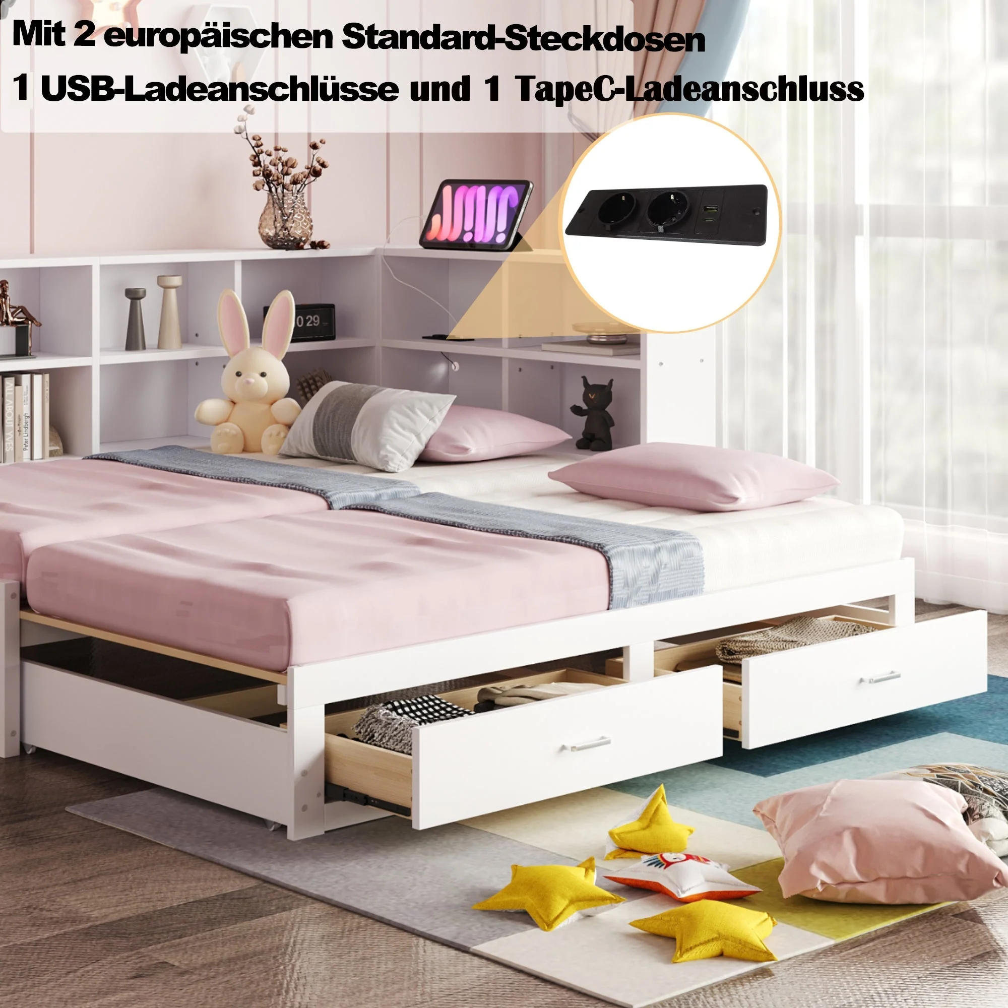 Solid Wood Sofa Bed 90/180*190cm Pull-Out Storage Drawers, White - Image 4