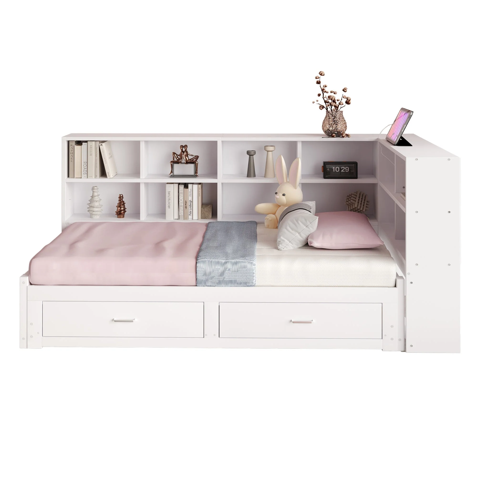 Solid Wood Sofa Bed 90/180*190cm Pull-Out Storage Drawers, White - Image 5