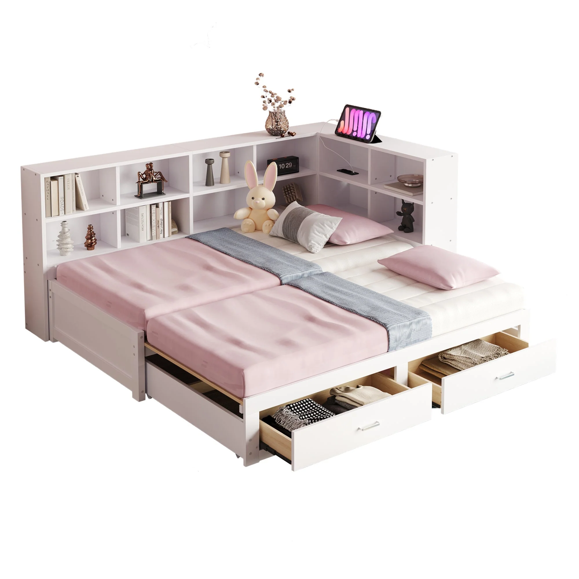 Solid Wood Sofa Bed 90/180*190cm Pull-Out Storage Drawers, White - Image 6
