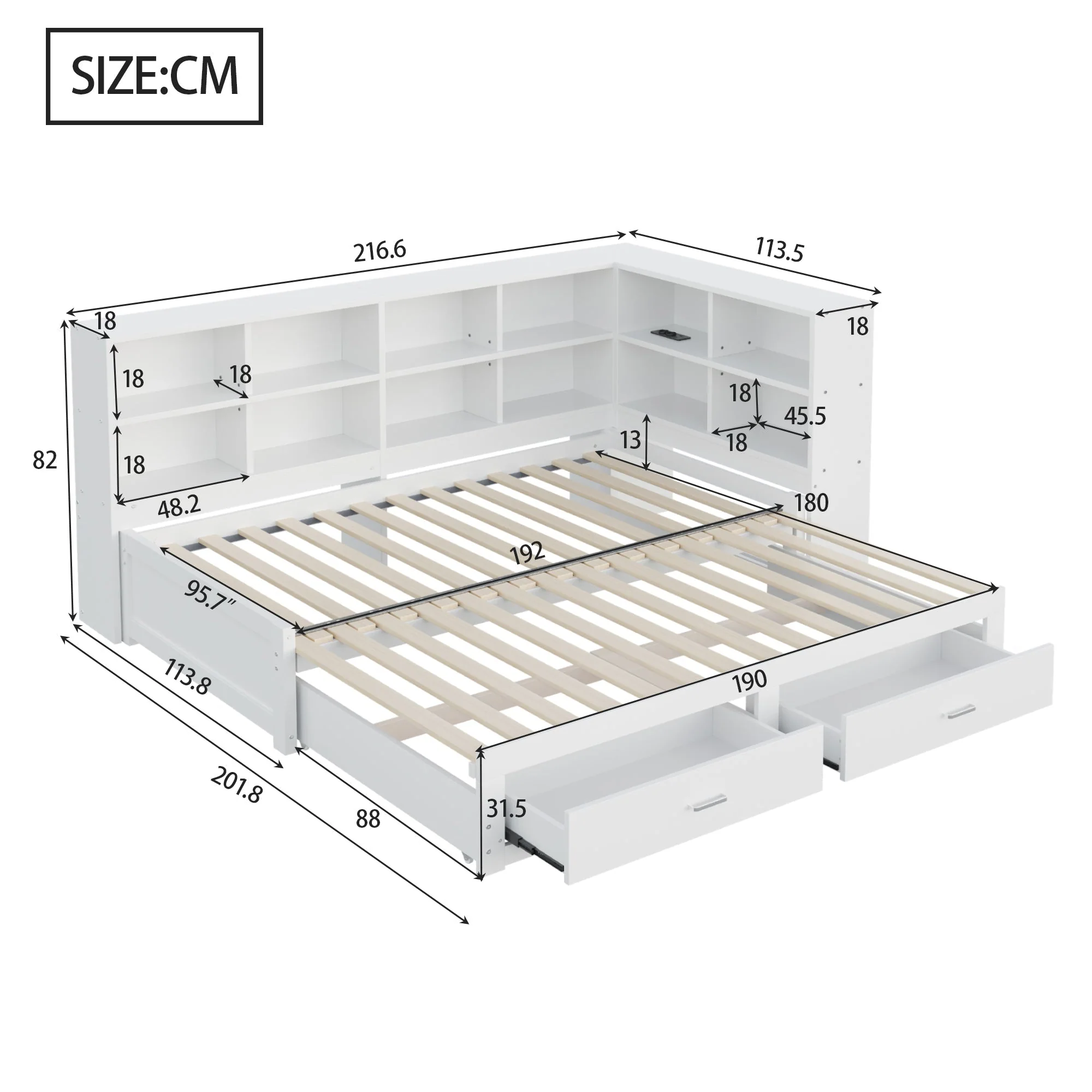 Solid Wood Sofa Bed 90/180*190cm Pull-Out Storage Drawers, White - Image 7