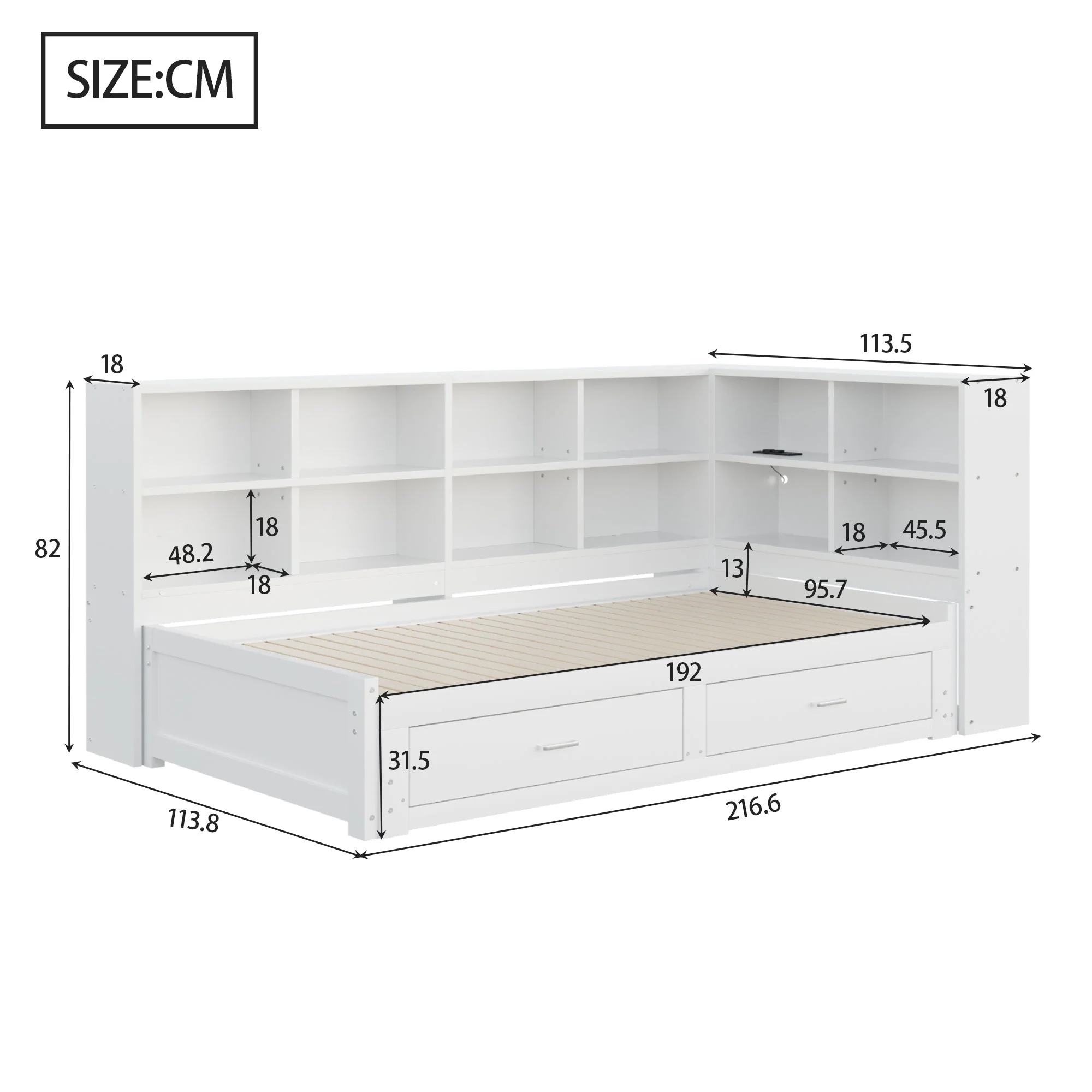 Solid Wood Sofa Bed 90/180*190cm Pull-Out Storage Drawers, White - Image 8