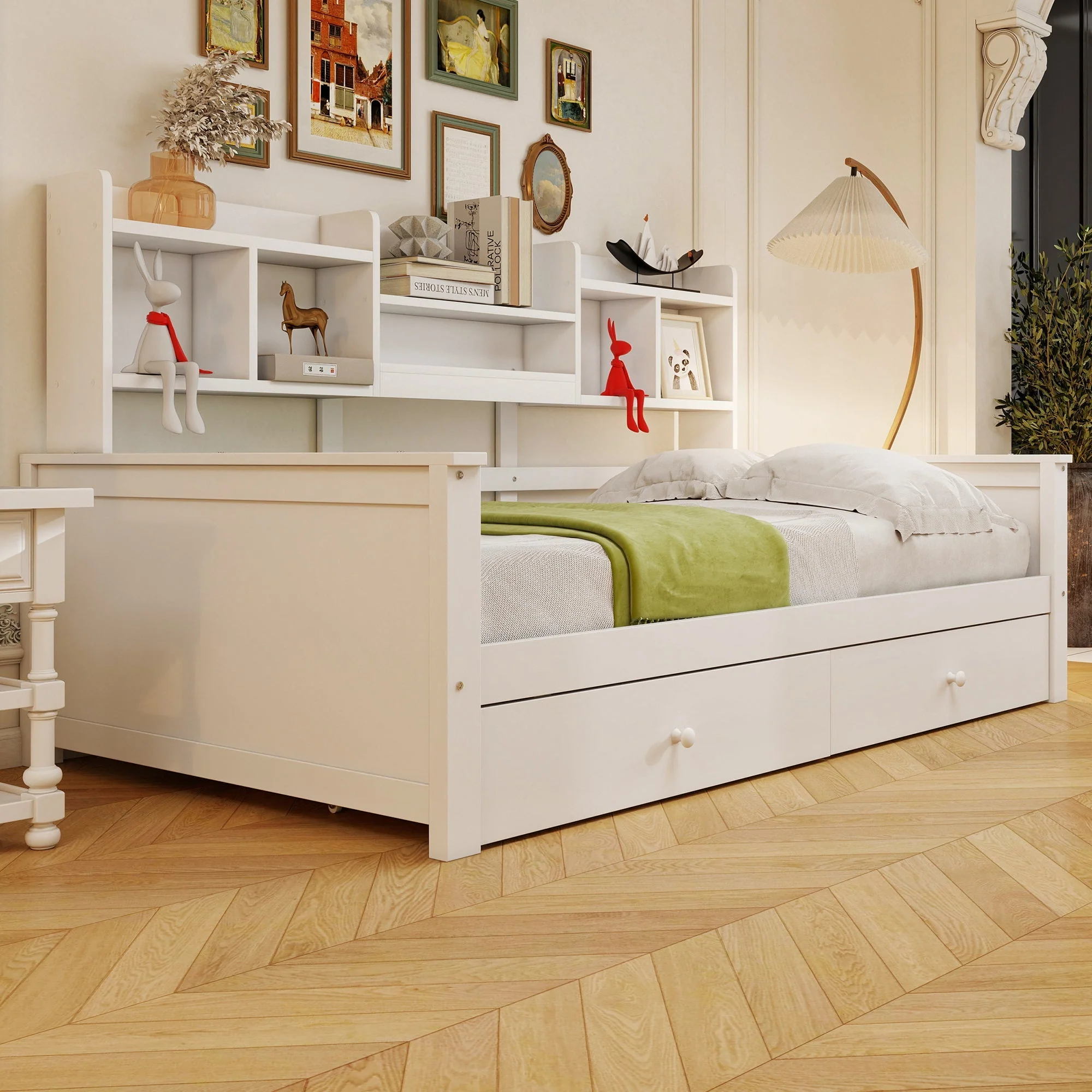 Solid Wood Sofa Bed 90x200 Storage Drawers Shelves White - Image 2