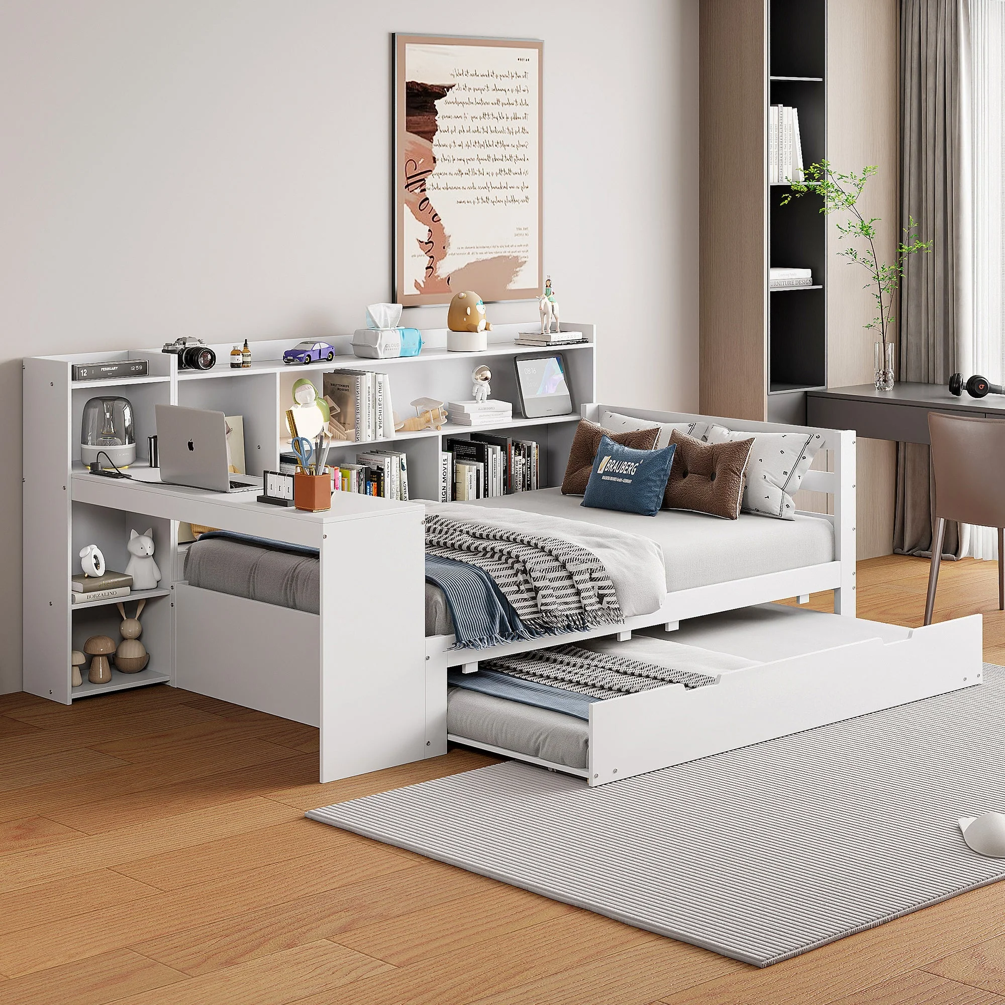 Solid Wood Sofa Bed 90x200cm Desk Bookshelves Pull-out Bed, Multifunctional White - Image 2