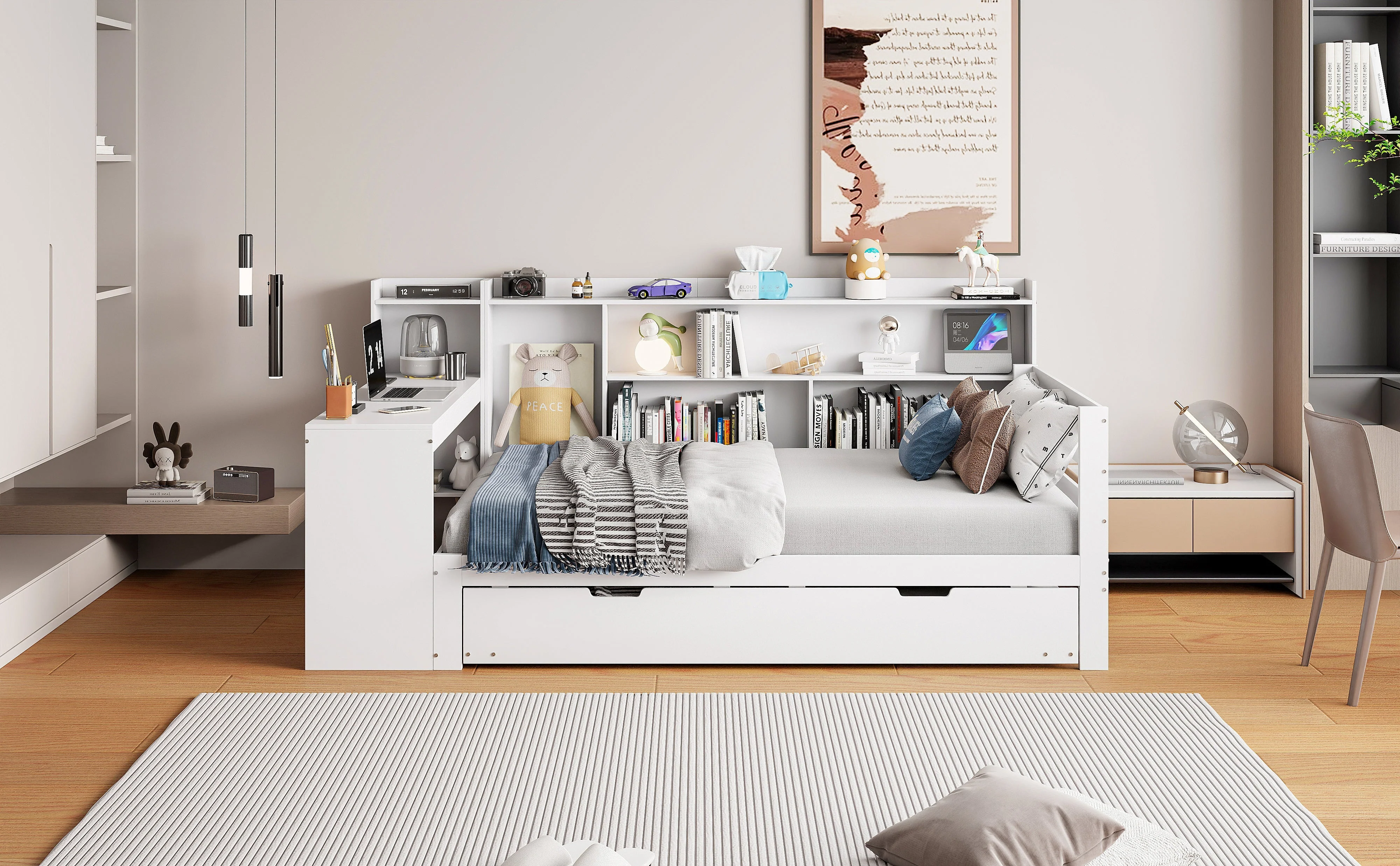 Solid Wood Sofa Bed 90x200cm Desk Bookshelves Pull-out Bed, Multifunctional White - Image 6