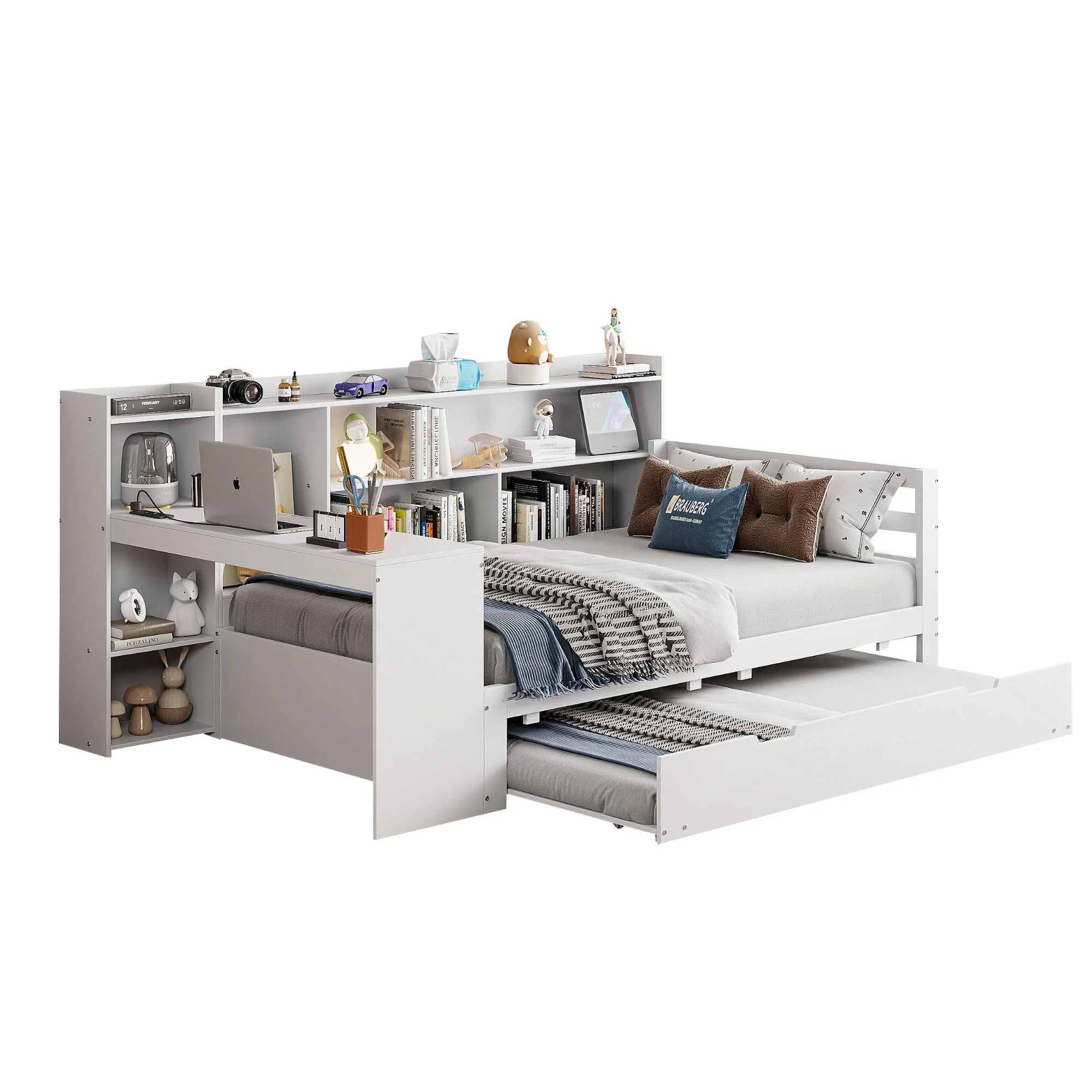 Solid Wood Sofa Bed 90x200cm Desk Bookshelves Pull-out Bed, Multifunctional White - Image 8
