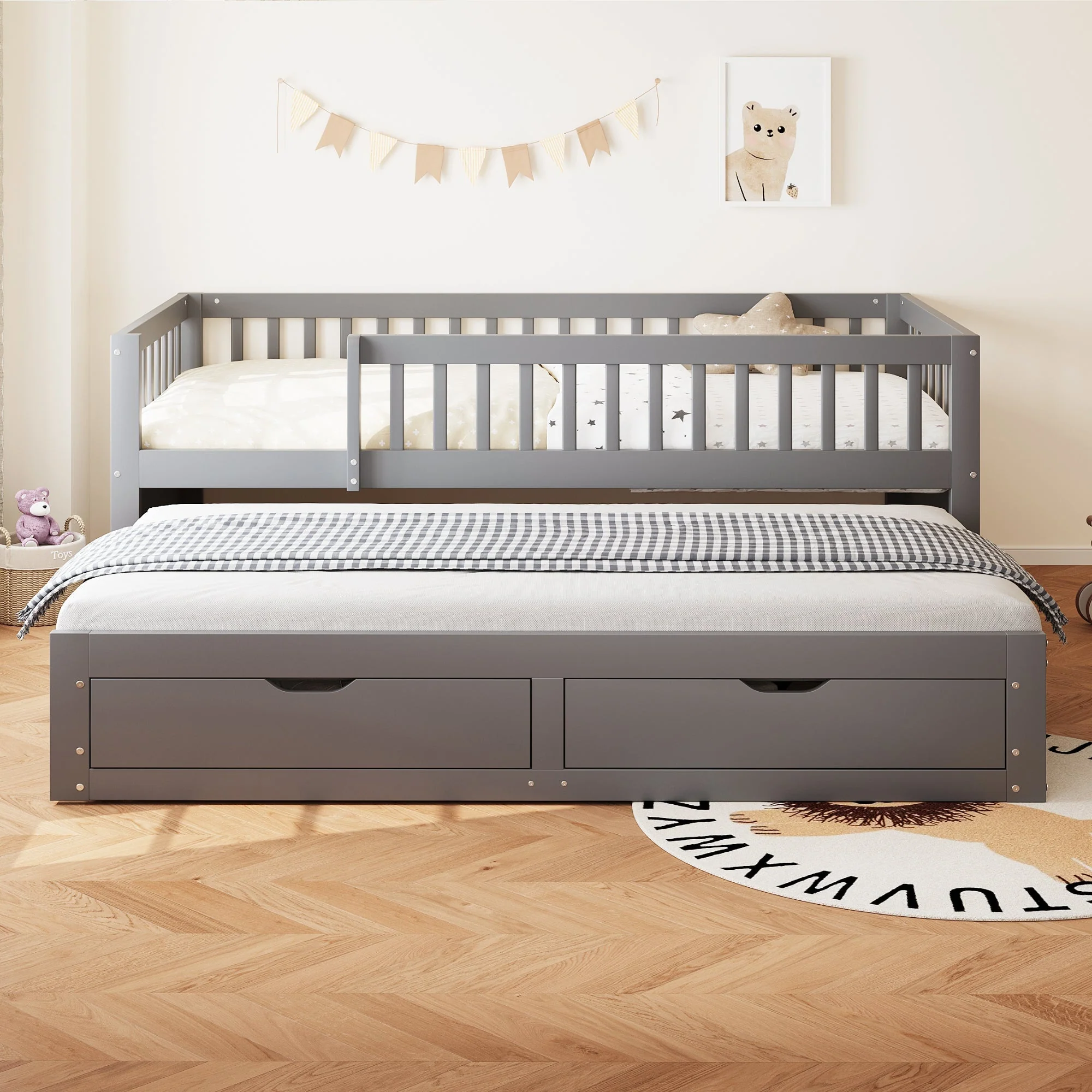 Solid Wood Sofa Bed, Pull-out Storage Drawers Safety Rail 90x200cm, Grey - Image 3