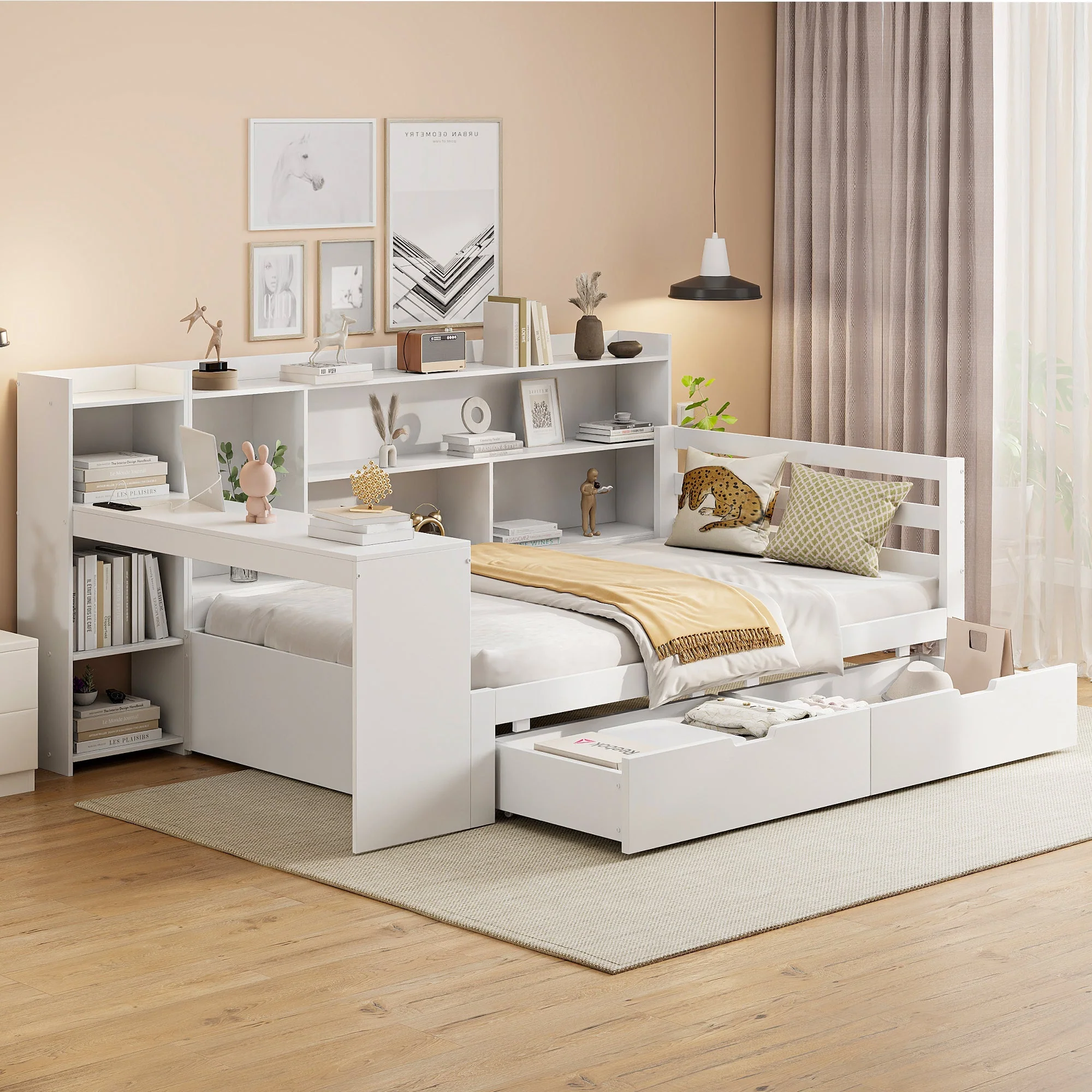 Solid Wood Sofa Bed with Desk, Bookshelf, Storage, Power Outlet - White - Image 2