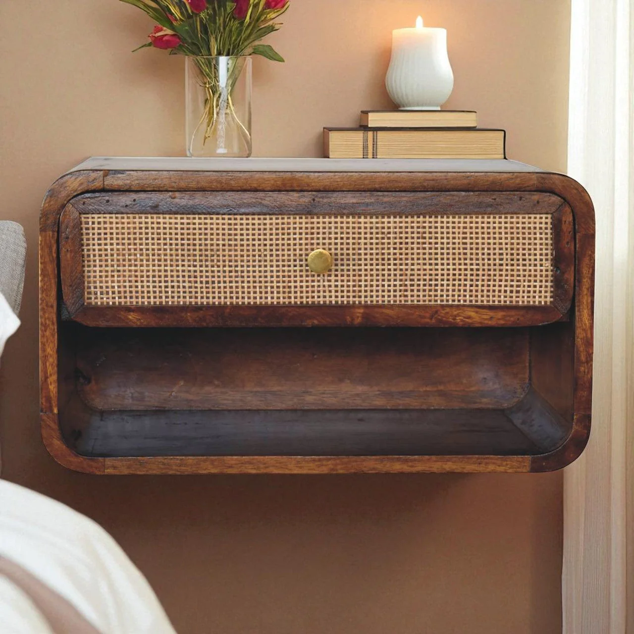Solid Wood Wall Mounted Bedside, 1 Drawer, Open Woven, Dark Brown Chestnut