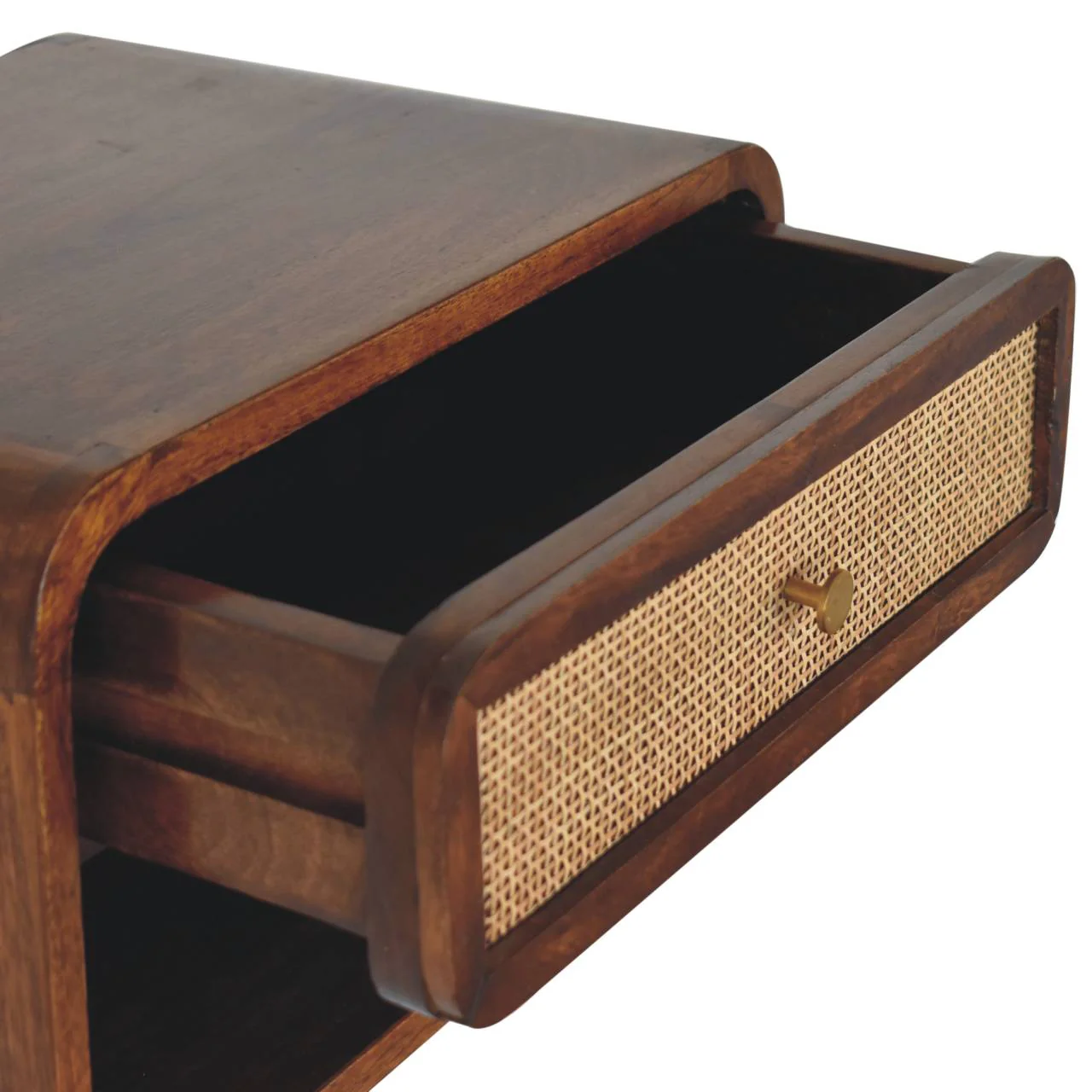 Solid Wood Wall Mounted Bedside, 1 Drawer, Open Woven, Dark Brown Chestnut - Image 2