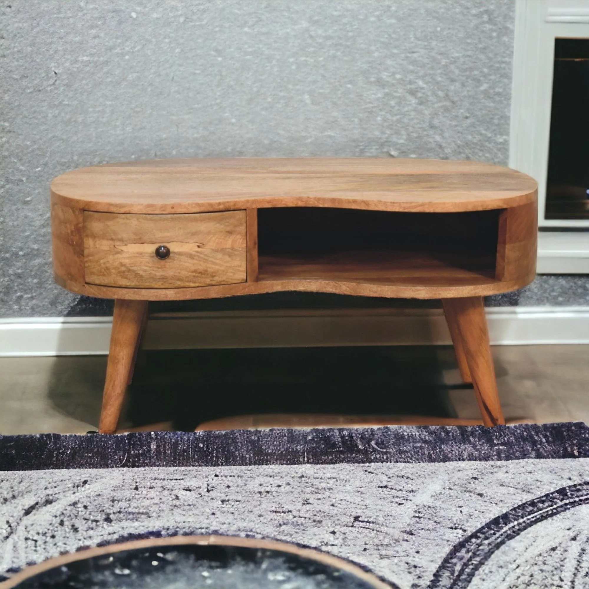 Solid Wood Wave Coffee Table, 1 Drawer Open Slot, Beige
