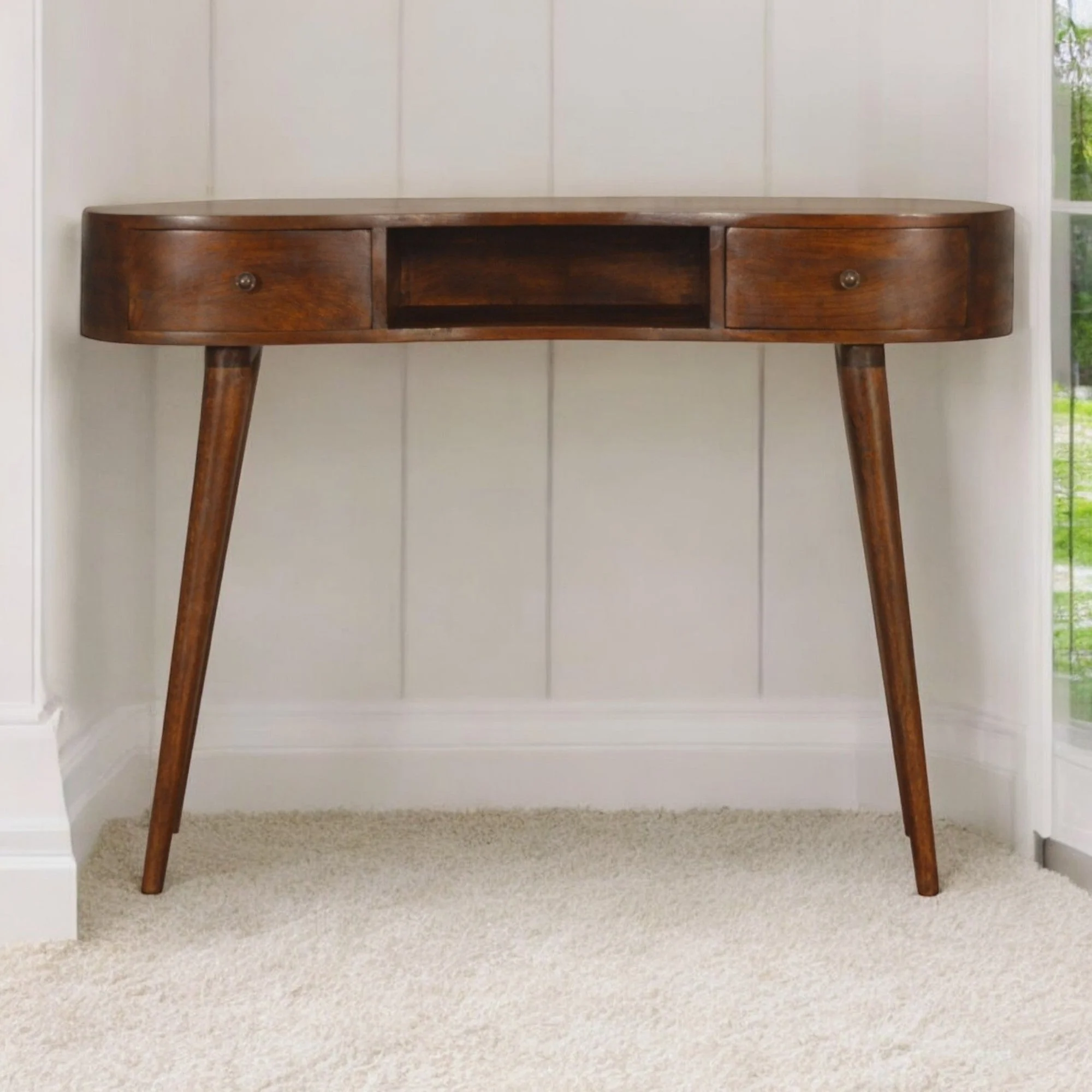 Solid Wood Writing Desk, Chestnut Wave 2 Drawers Open Slot, Dark Brown