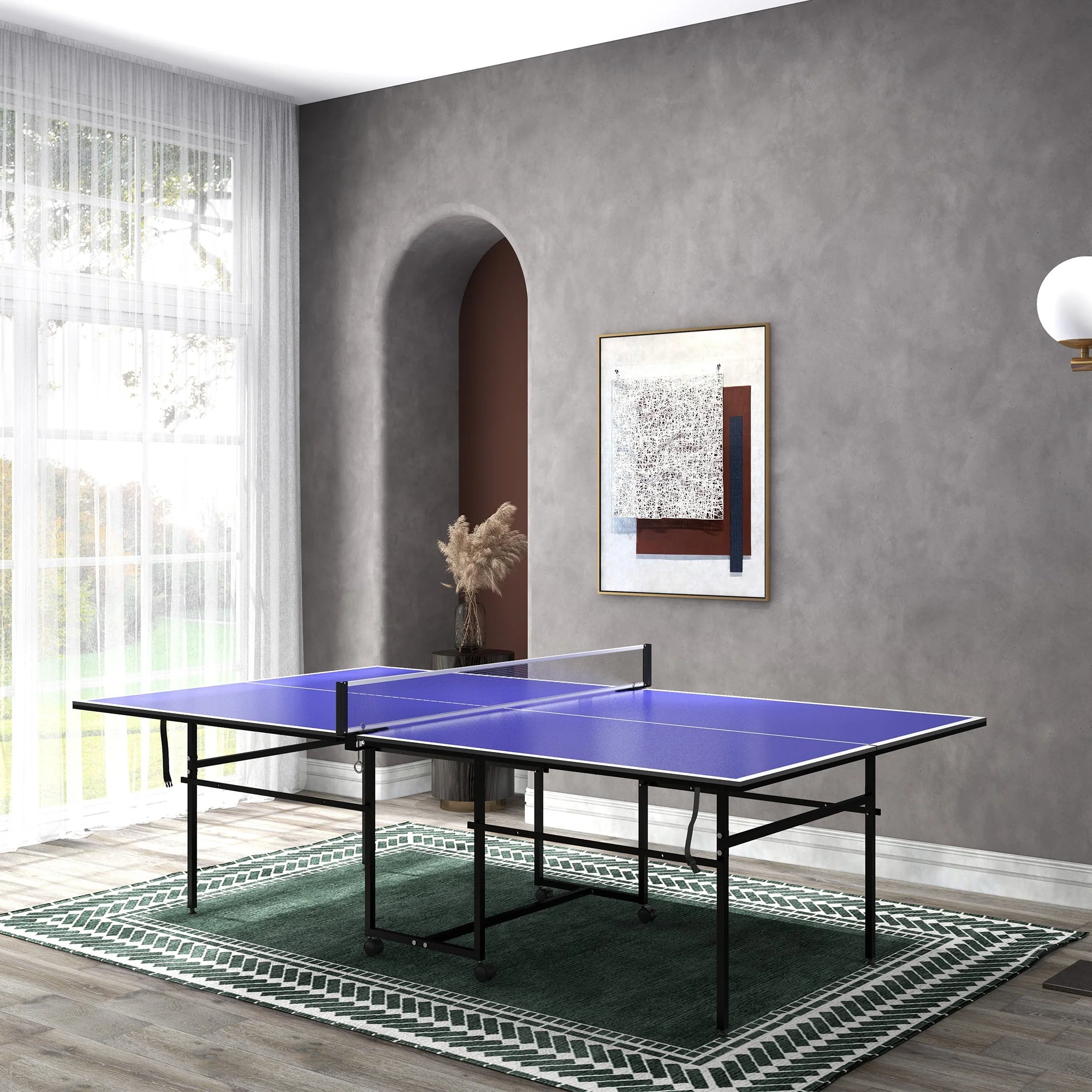 Sportnow table tennis table folding with wheels outdoor indoor steel blue