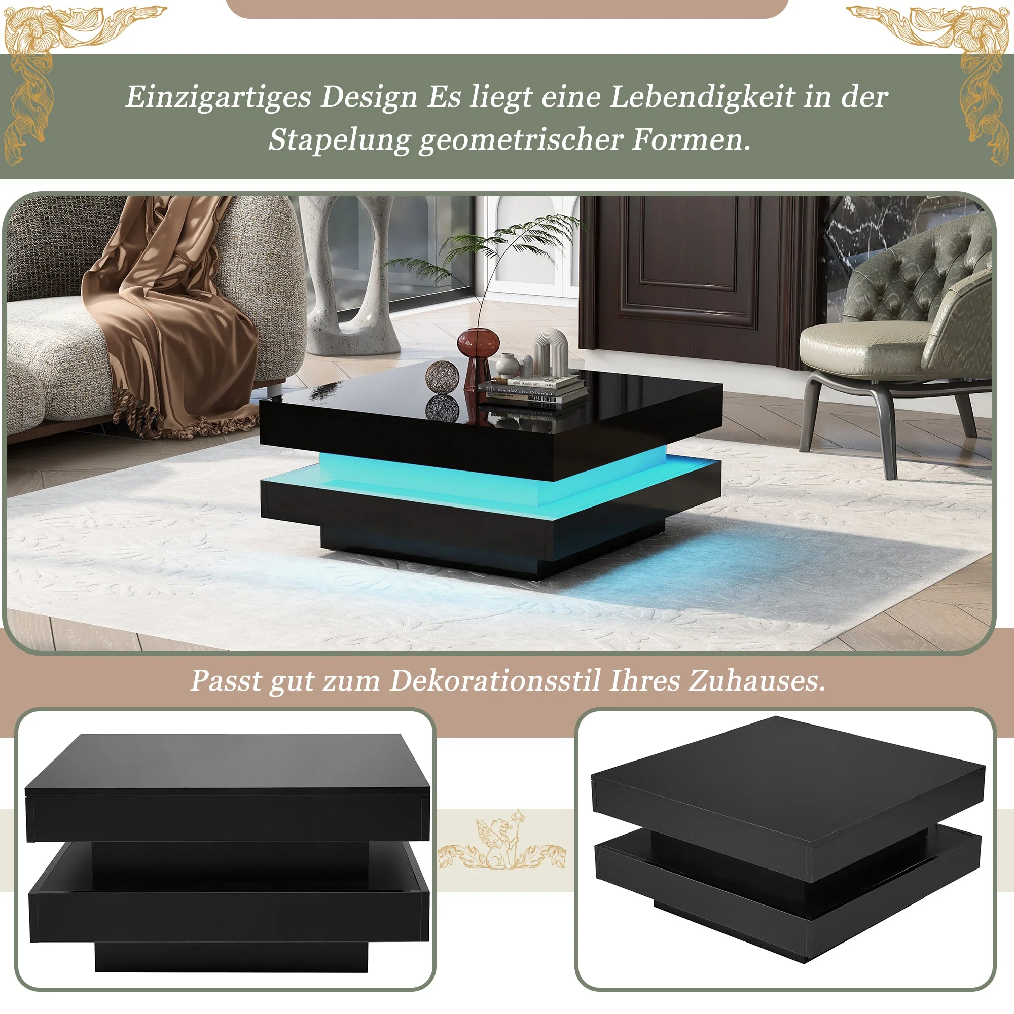 Square Coffee Table - Modern Tech, 16-Color LED Lighting, 70x70x36 cm, Black - Image 9