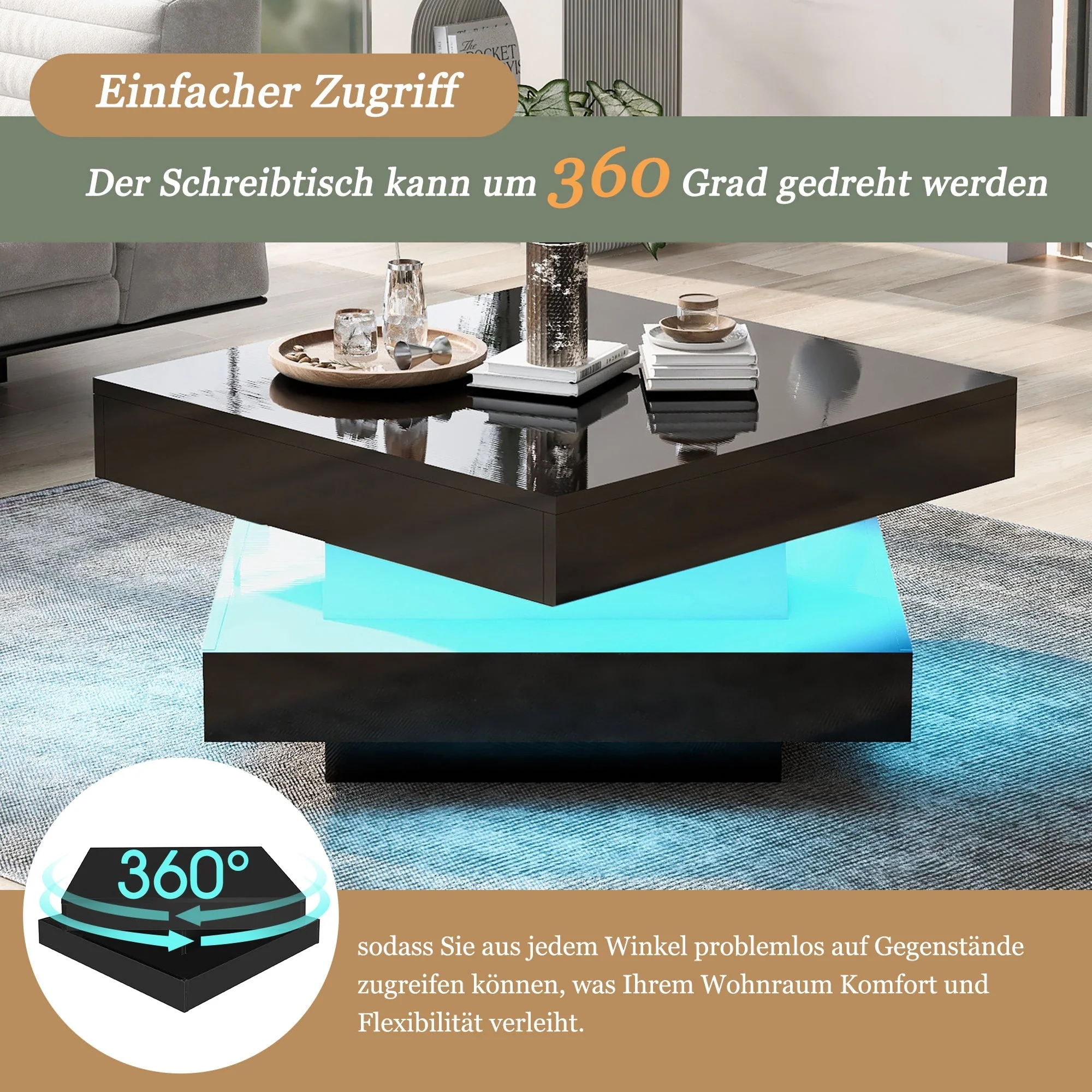 Square Coffee Table Rotating Top 16 LED Lights - High-Gloss Black - Image 10