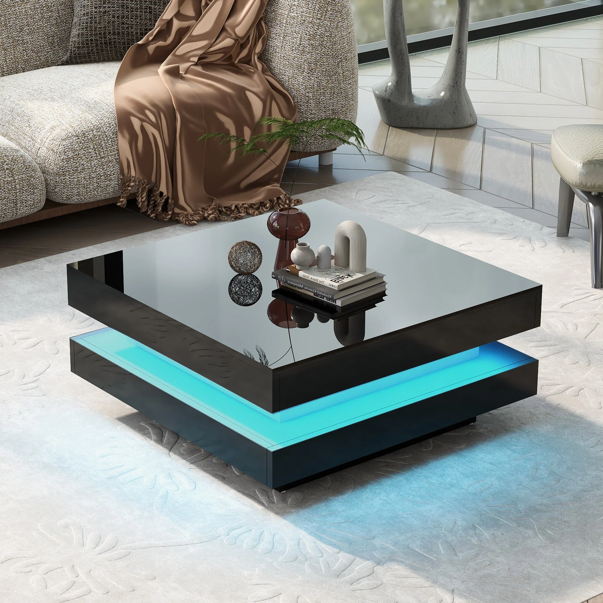 Square Coffee Table Rotating Top 16 LED Lights - High-Gloss Black - Image 2