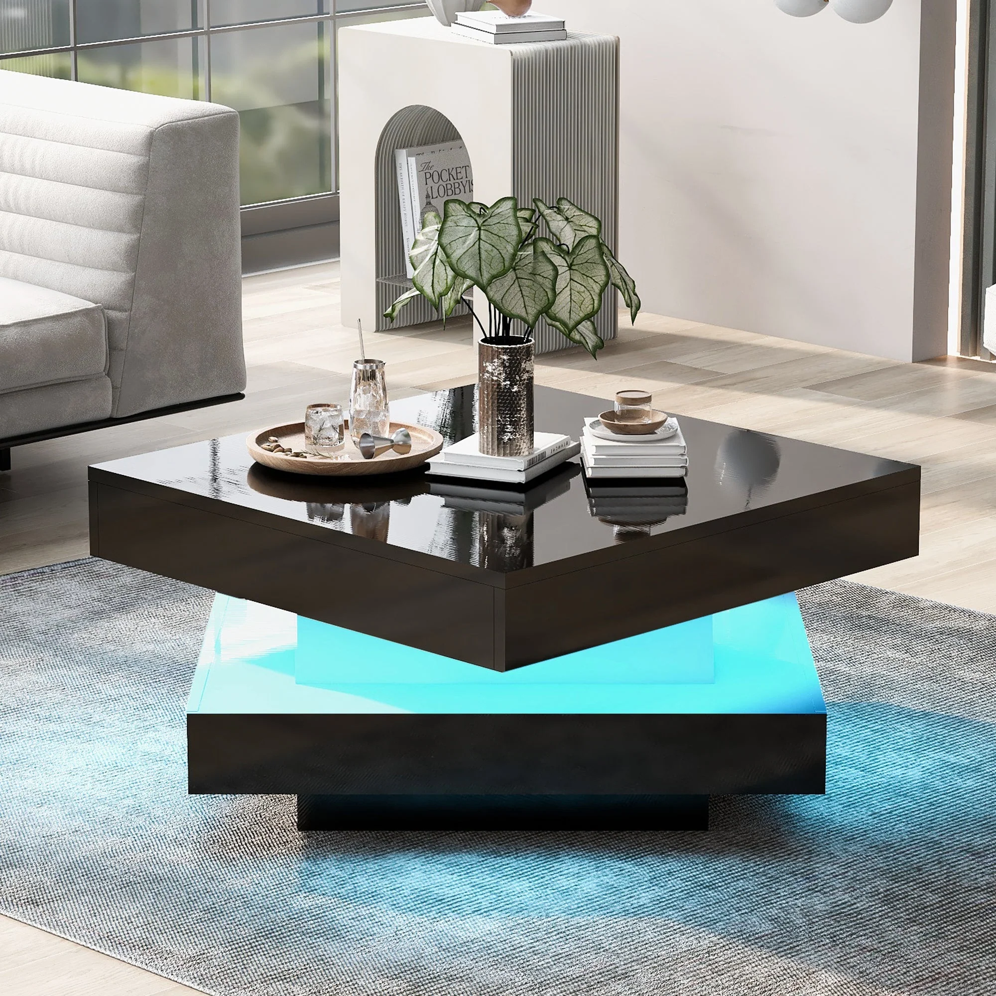 Square Coffee Table Rotating Top 16 LED Lights - High-Gloss Black - Image 5
