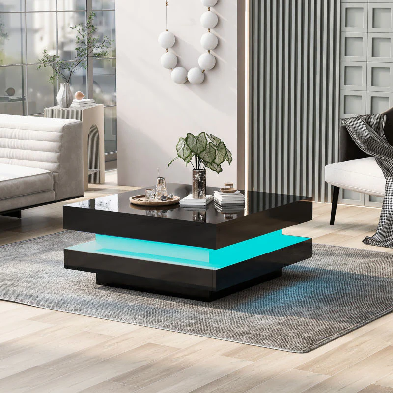 Square Coffee Table Rotating Top 16 LED Lights - High-Gloss Black - Image 6