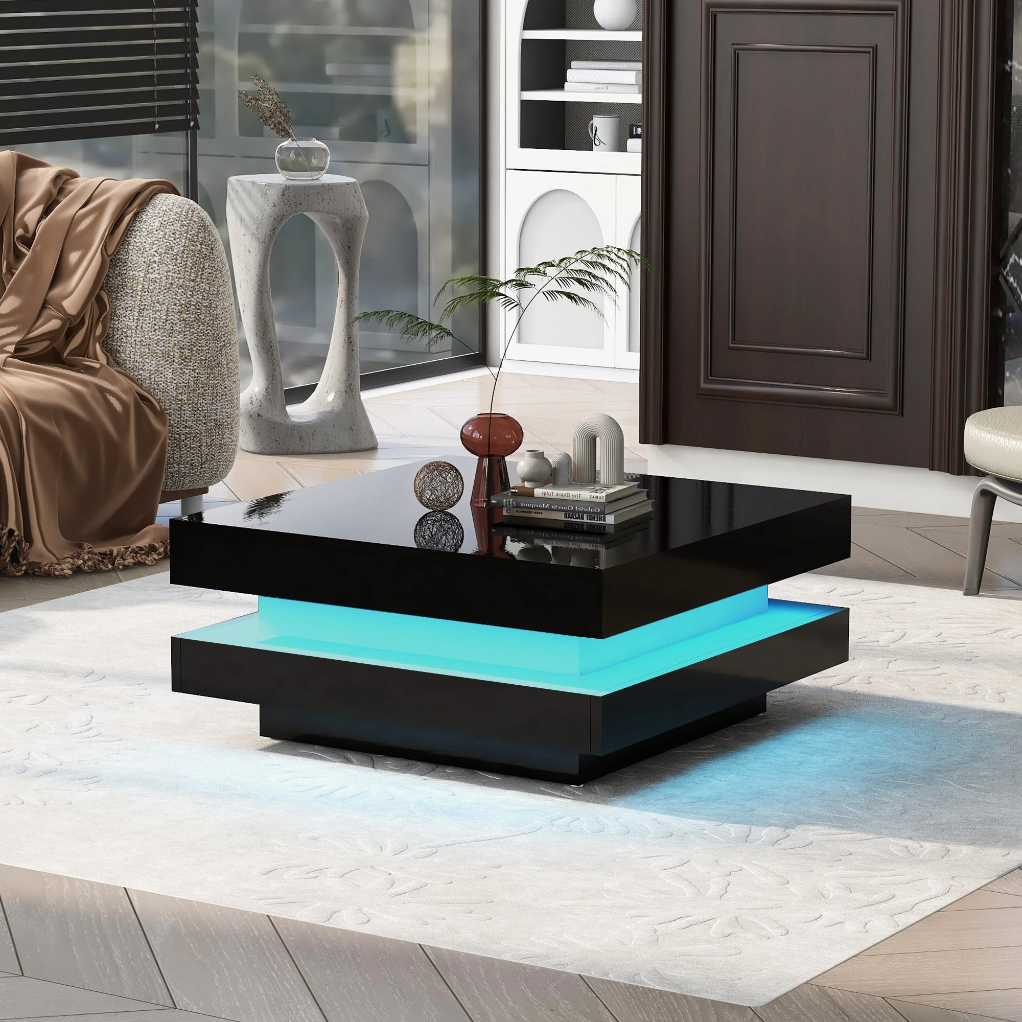 Square Coffee Table Rotating Top 16 LED Lights - High-Gloss Black - Image 7