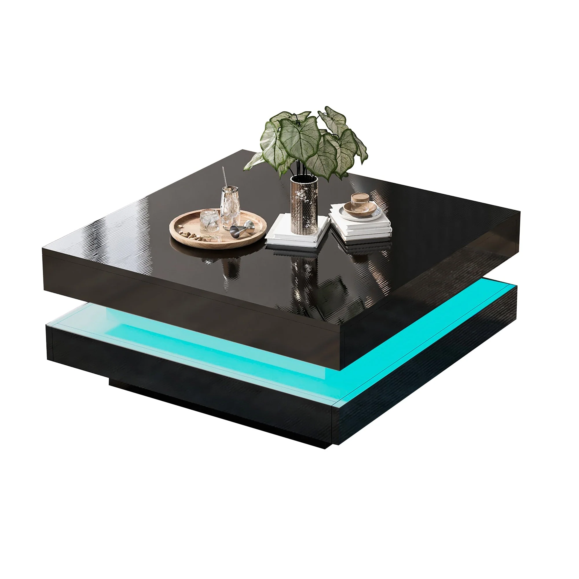 Square Coffee Table Rotating Top 16 LED Lights - High-Gloss Black - Image 8