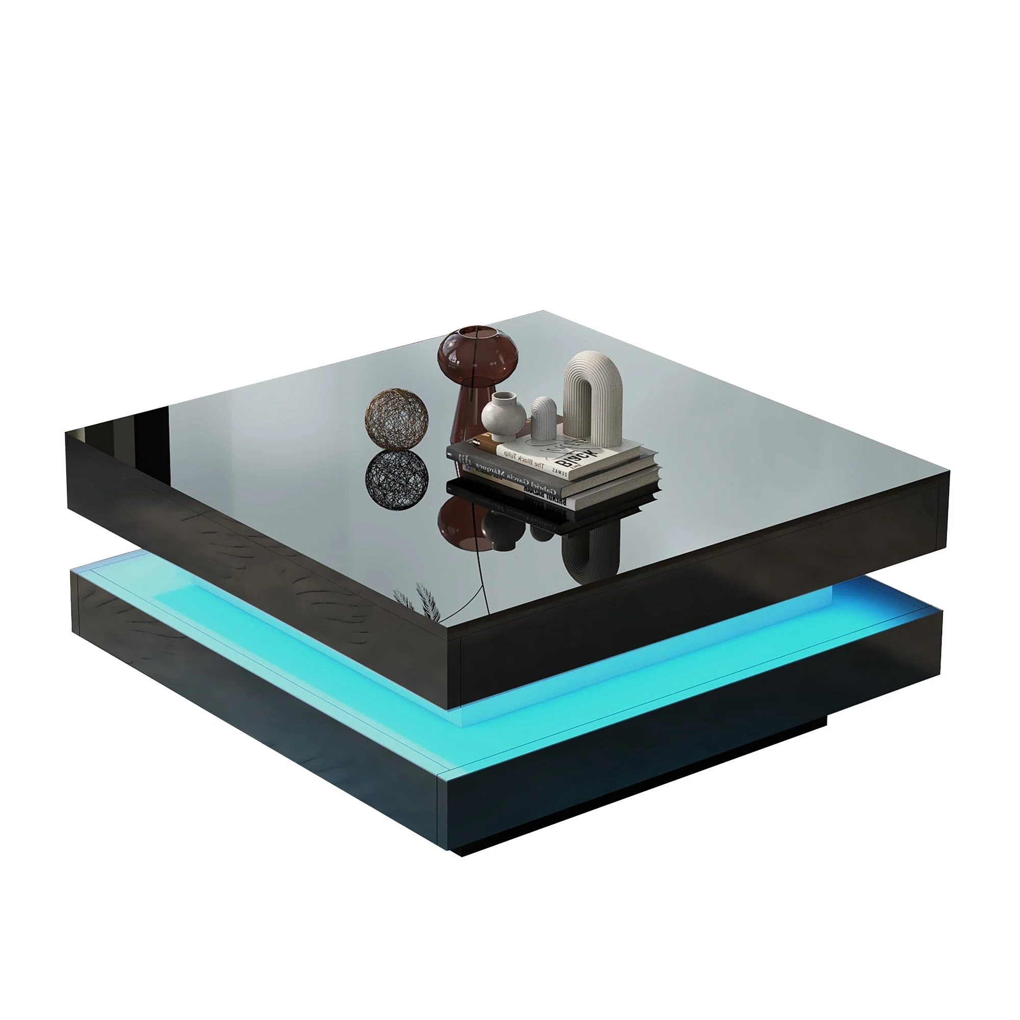Square Coffee Table Rotating Top 16 LED Lights - High-Gloss Black - Image 9