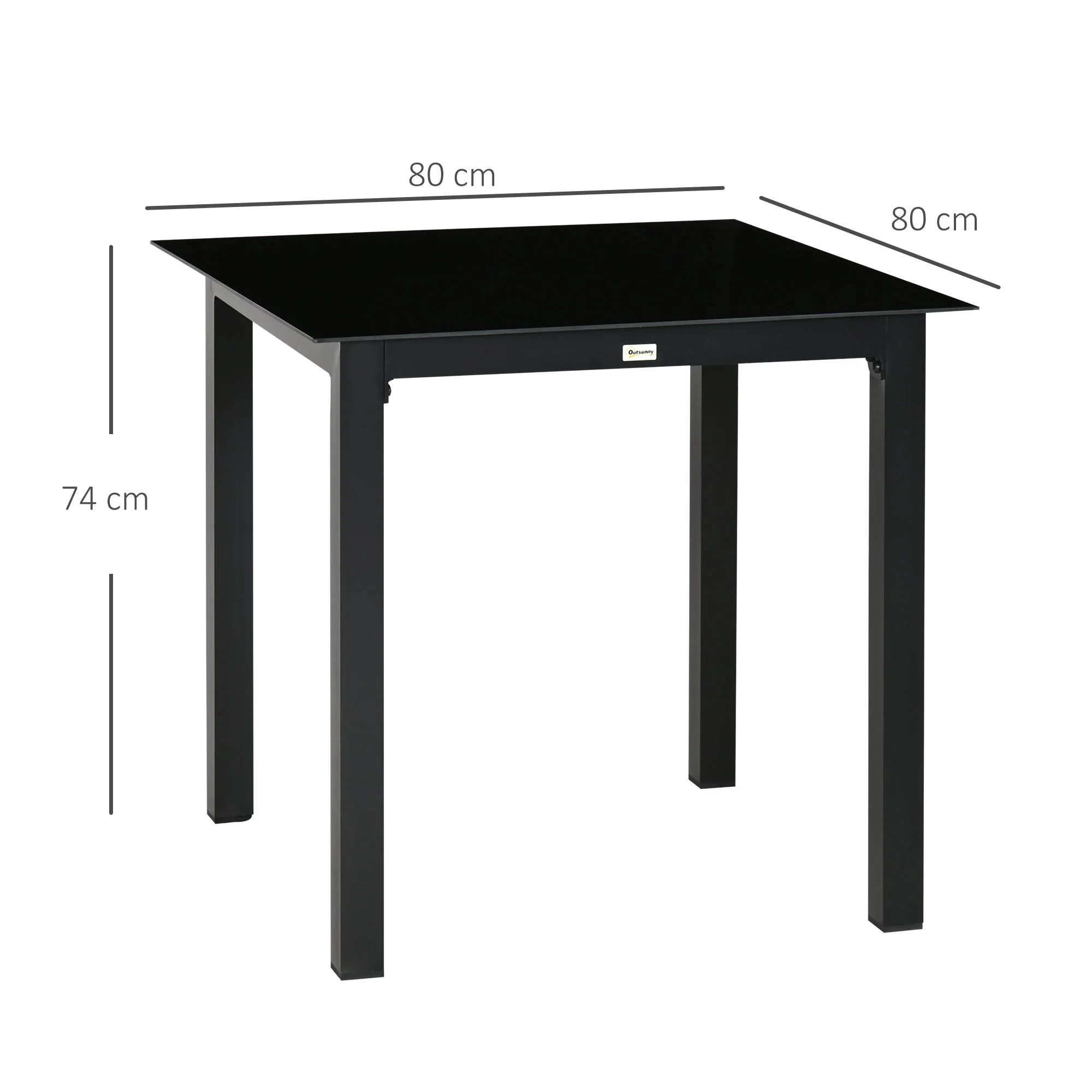 Square Garden Table 80x80cm, 4-Person Tempered Glass Top, Black Aluminum - Image 3