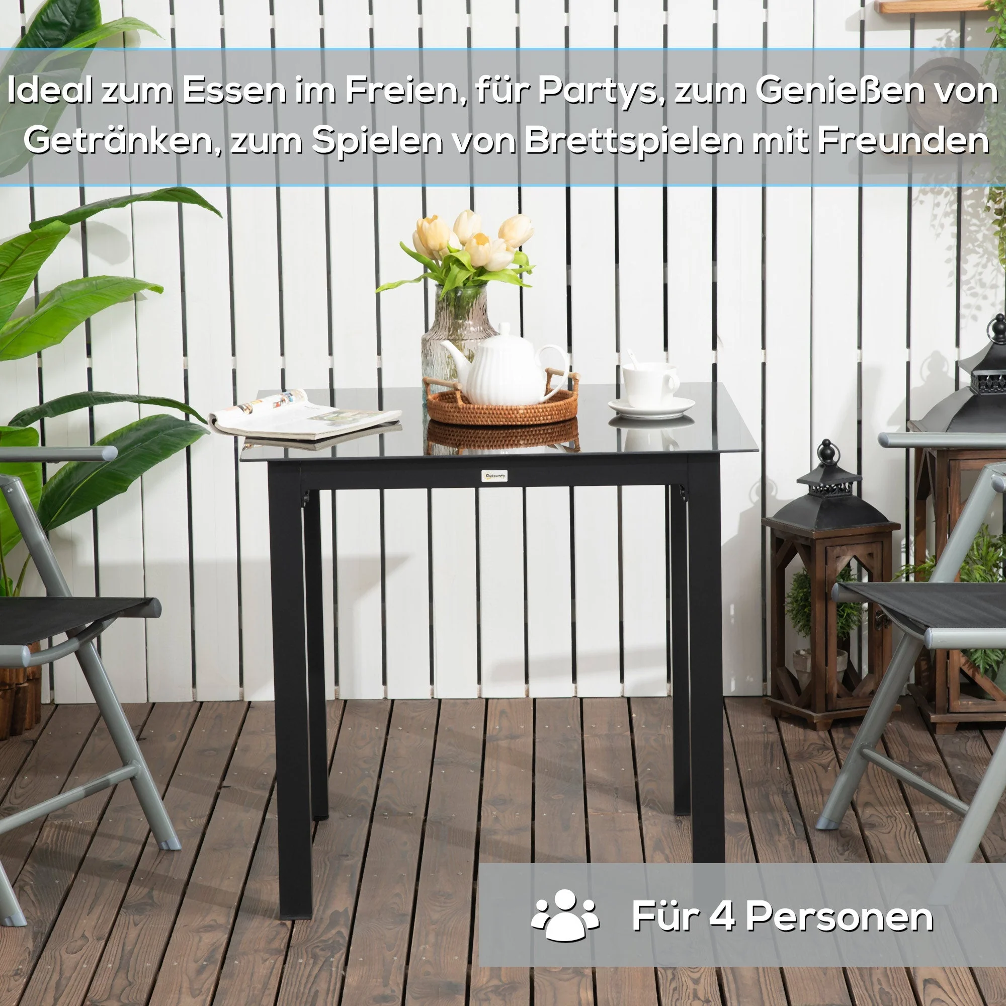 Square Garden Table 80x80cm, 4-Person Tempered Glass Top, Black Aluminum - Image 6