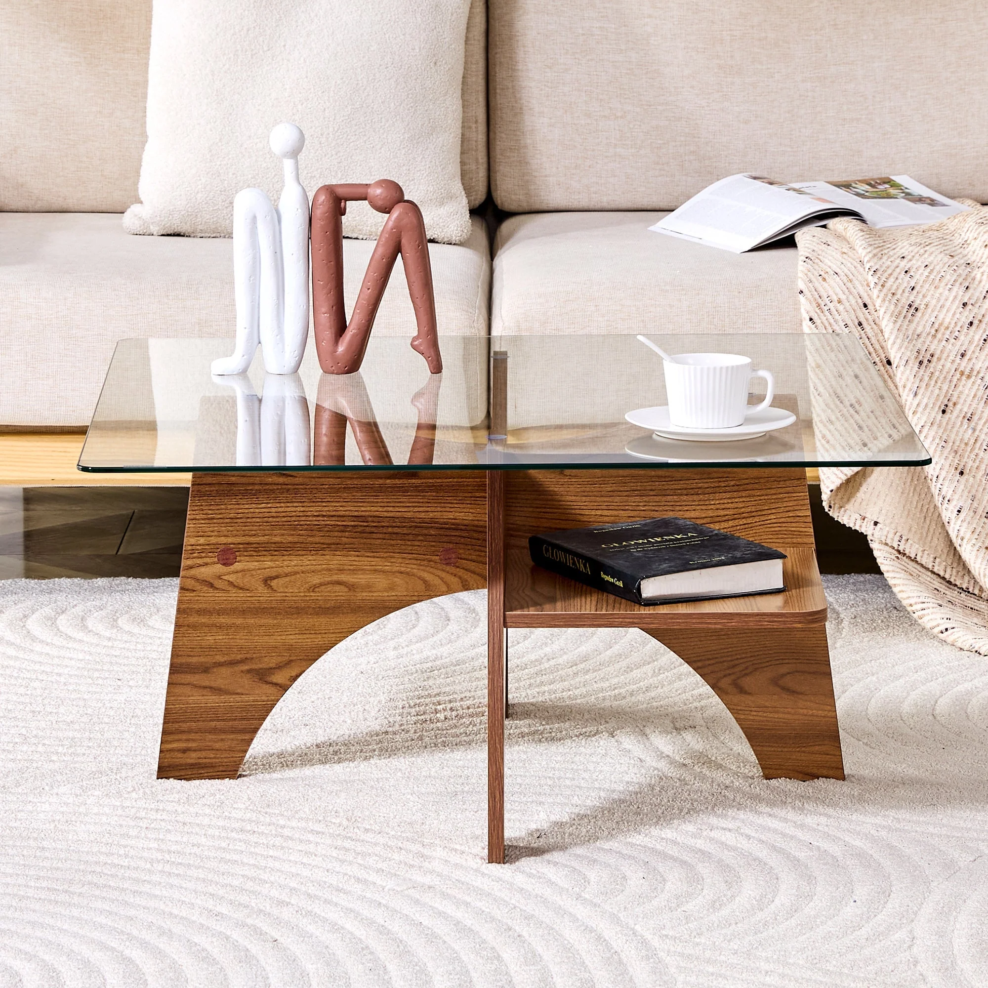 Square Side Table 80cm Tempered Glass MDF Legs - Walnut Finish - Image 6