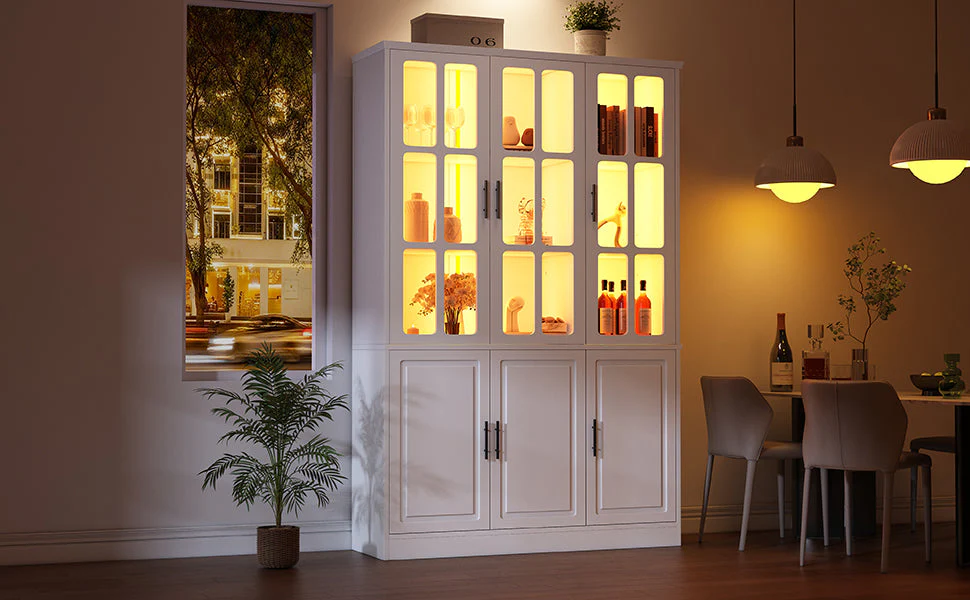 Standing Display Cabinet with 6 Doors and LED Lighting, White - Image 10