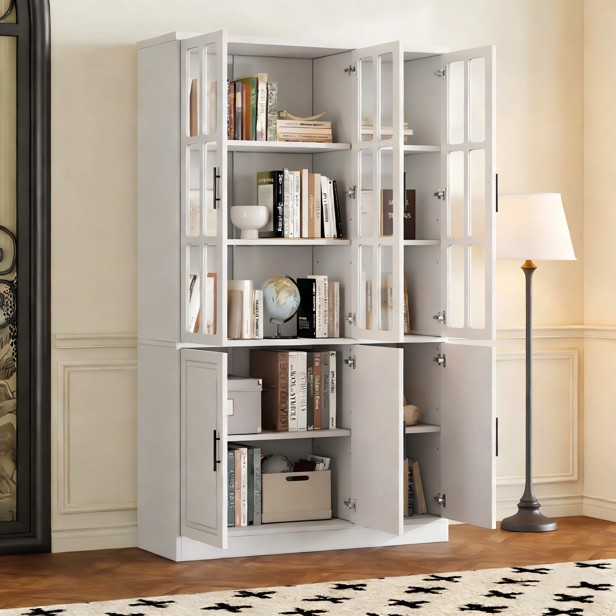 Standing Display Cabinet with 6 Doors and LED Lighting, White - Image 2