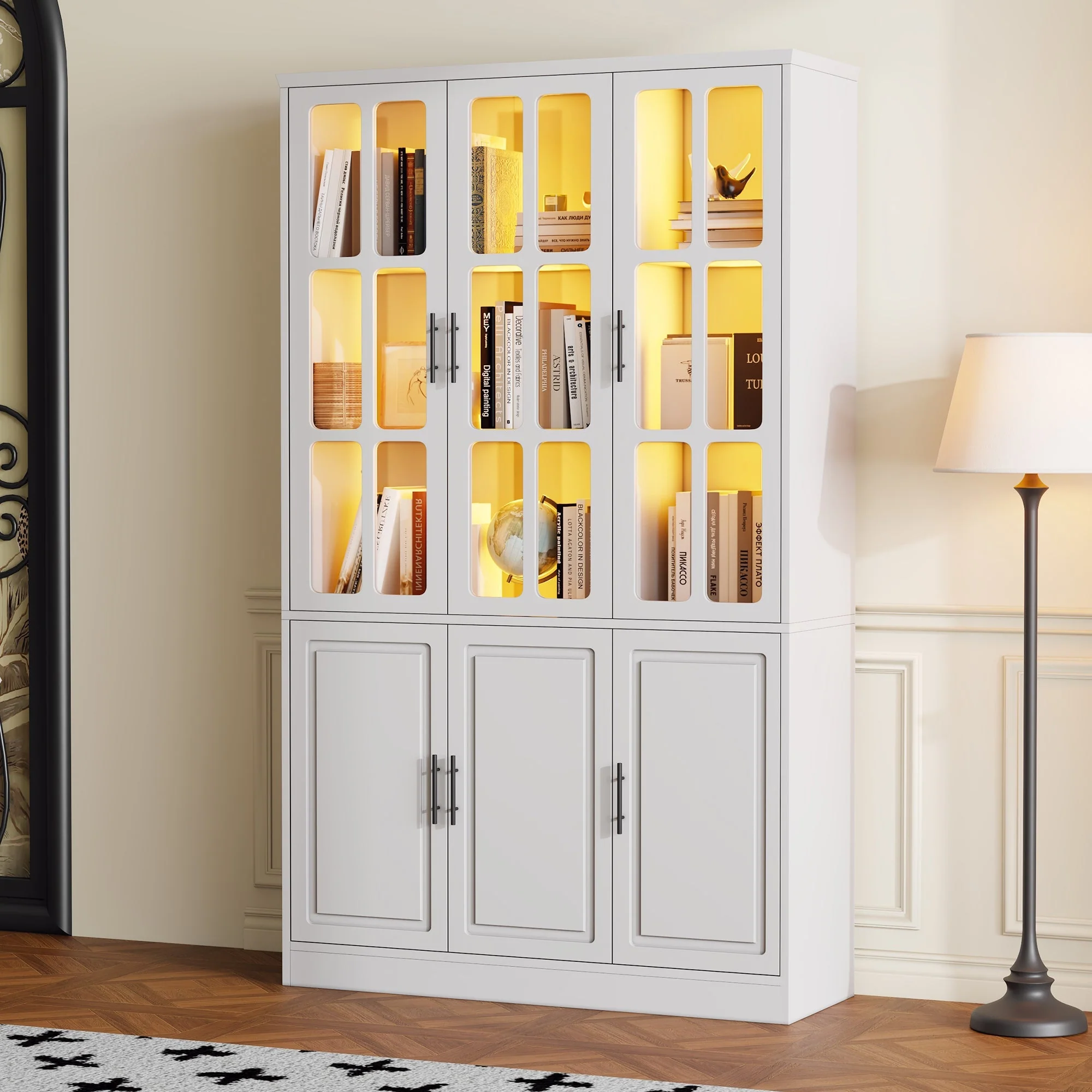 Standing Display Cabinet with 6 Doors and LED Lighting, White - Image 3