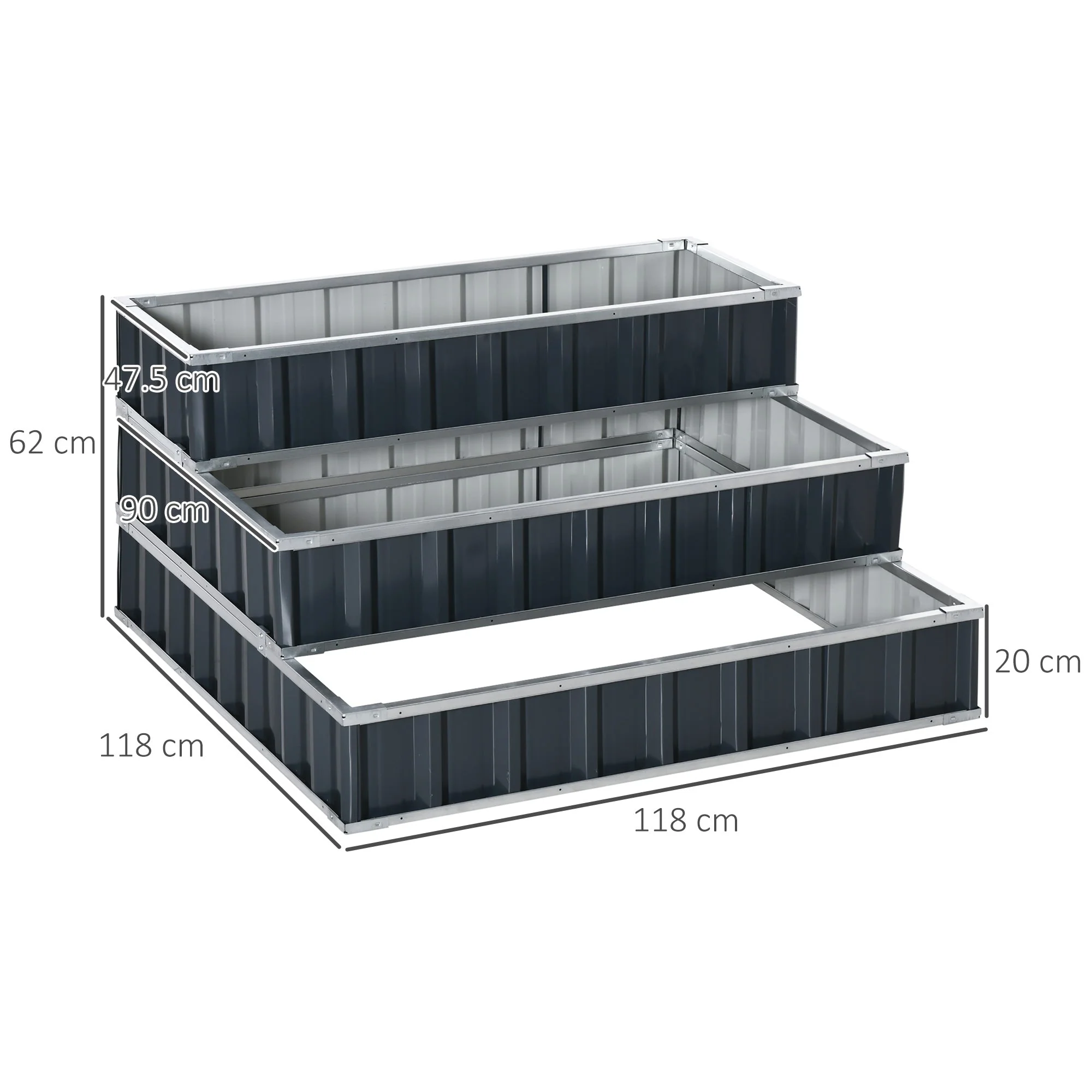 Steel Raised Garden Bed, 118x118x62 cm 3-Tier Flower Stand Weatherproof, Dark Grey Metal - Image 3