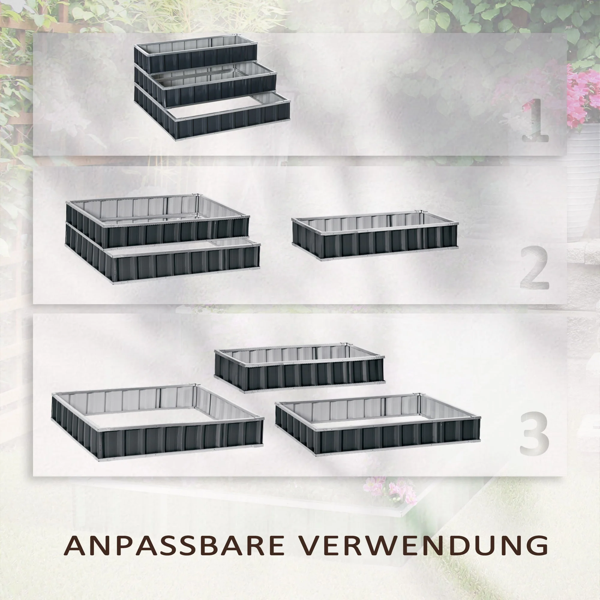 Steel Raised Garden Bed, 118x118x62 cm 3-Tier Flower Stand Weatherproof, Dark Grey Metal - Image 4