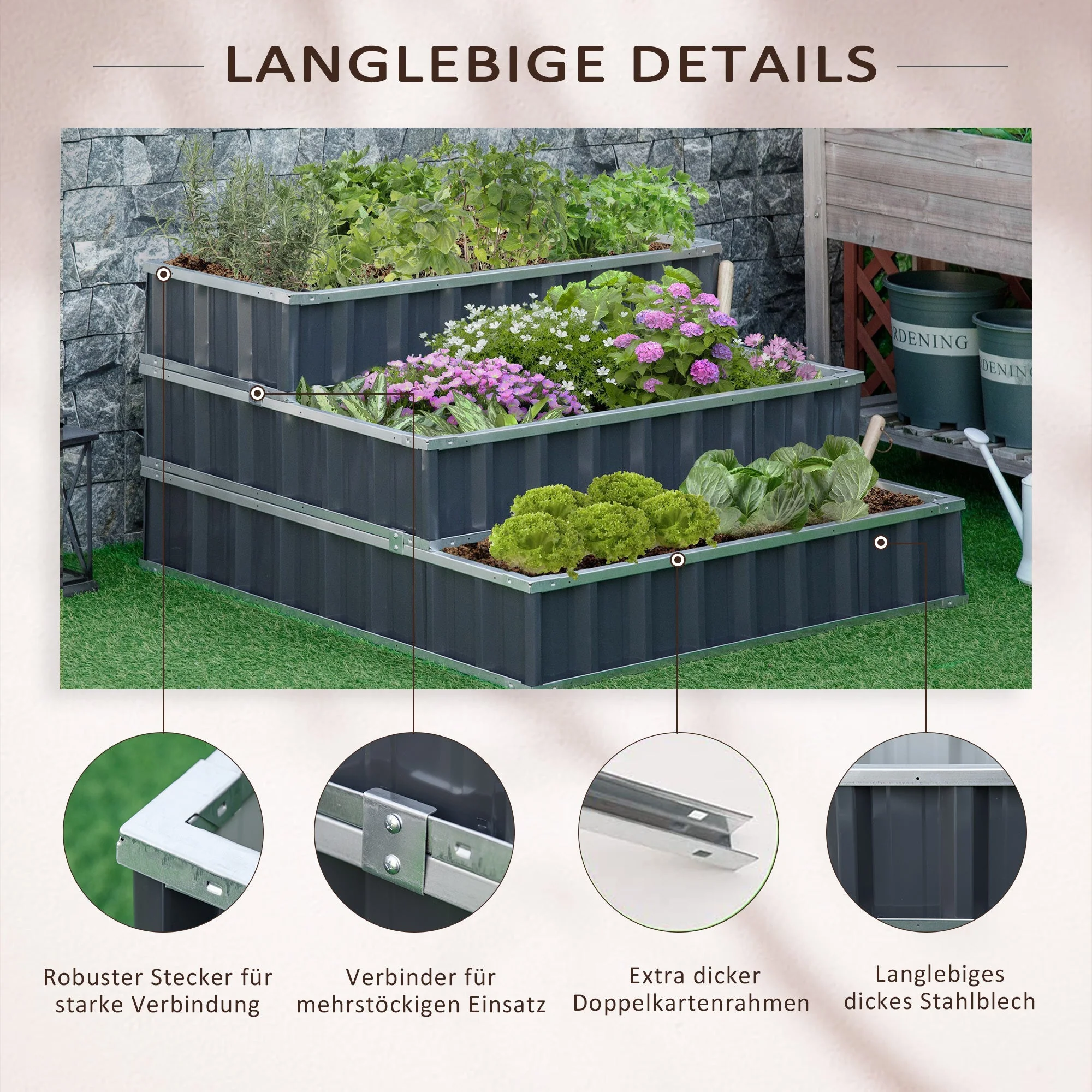 Steel Raised Garden Bed, 118x118x62 cm 3-Tier Flower Stand Weatherproof, Dark Grey Metal - Image 6
