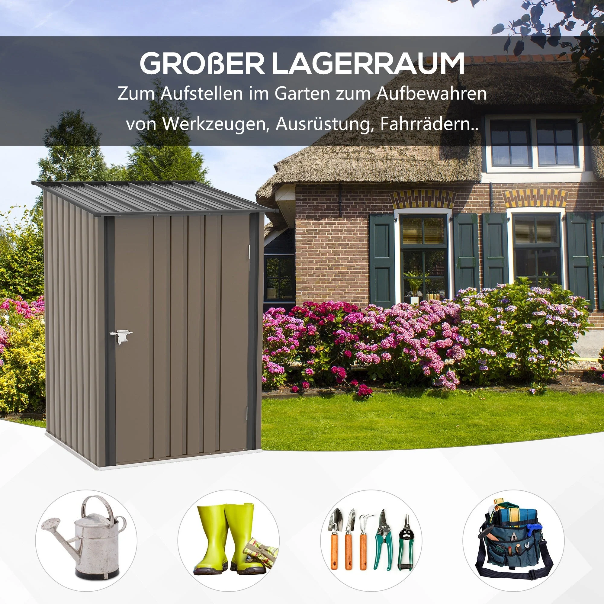 steel tool shed with pent roof and lockable garden cabinet, brown - Image 4
