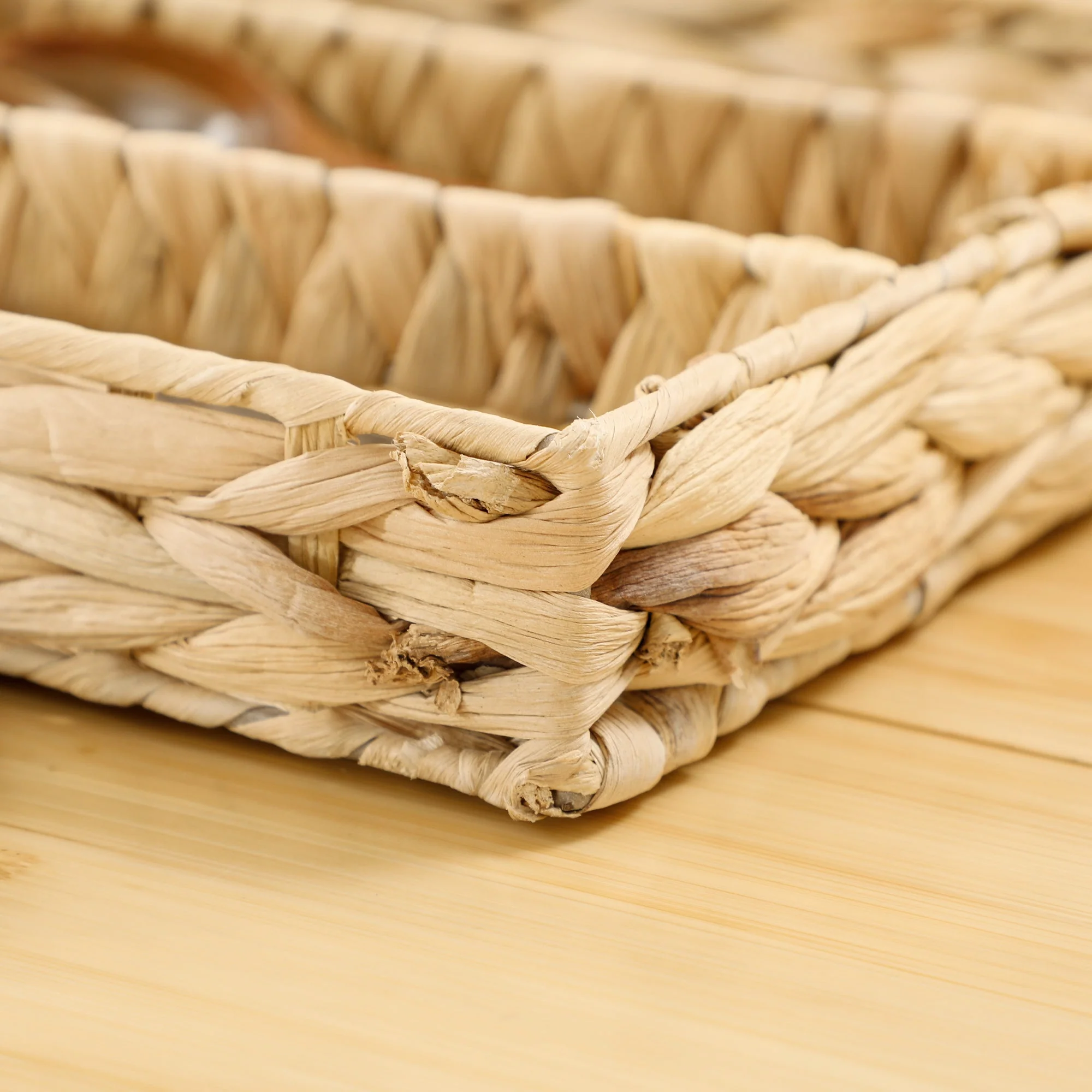 Storage Baskets Set of 2 Woven Water Hyacinth Natural Wood - Image 7