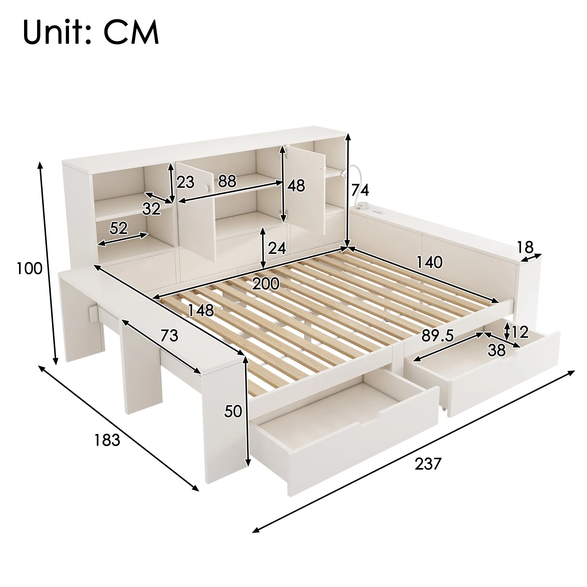 Storage Bed 140x200cm with Drawers, Double Doors and USB/USB-C Ports, White Wood - Image 2
