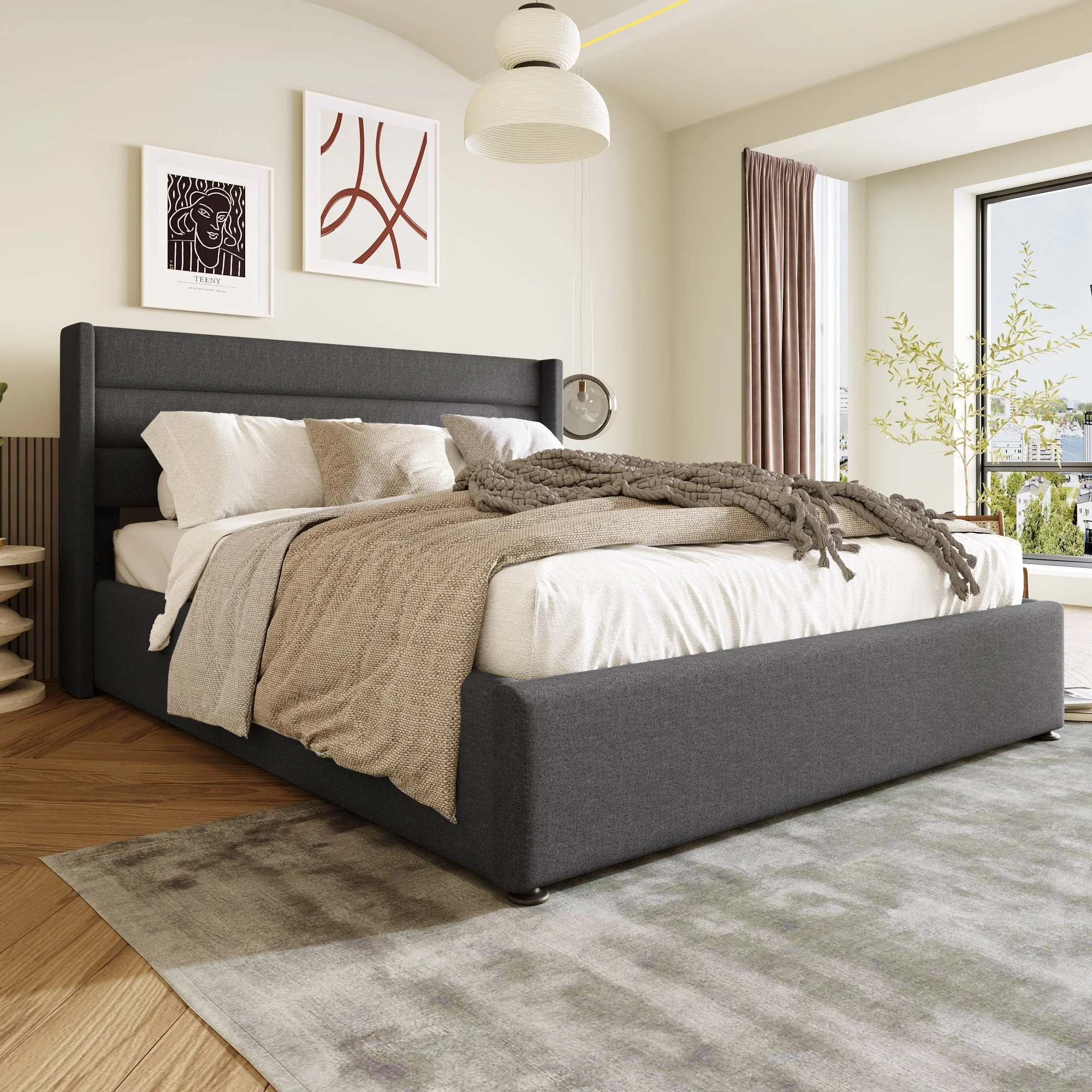 Storage Bed, Hydraulic Double 140x200cm with Mattress & Slatted Frame, Linen Grey - Image 2
