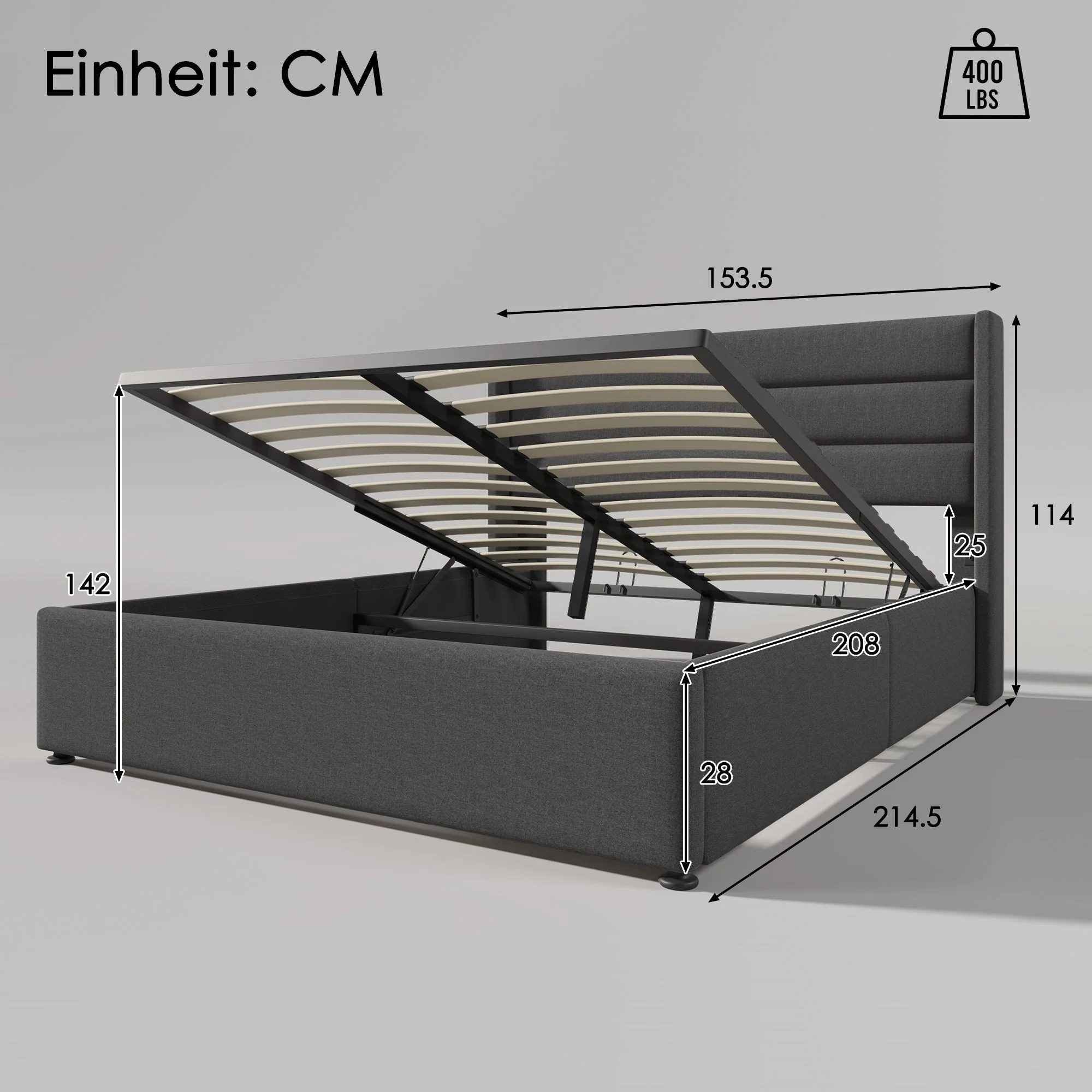 Storage Bed, Hydraulic Double 140x200cm with Mattress & Slatted Frame, Linen Grey - Image 5