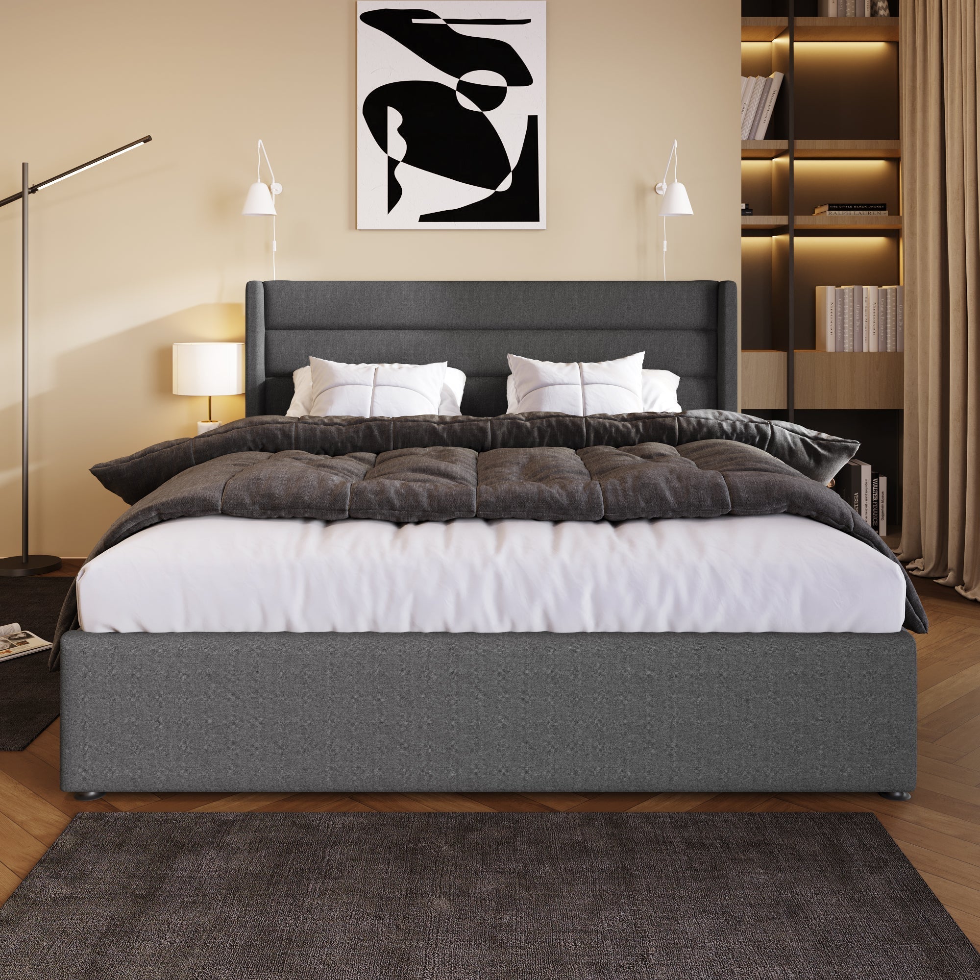 Storage Bed, Hydraulic Double 140x200cm with Mattress & Slatted Frame, Linen Grey - Image 9