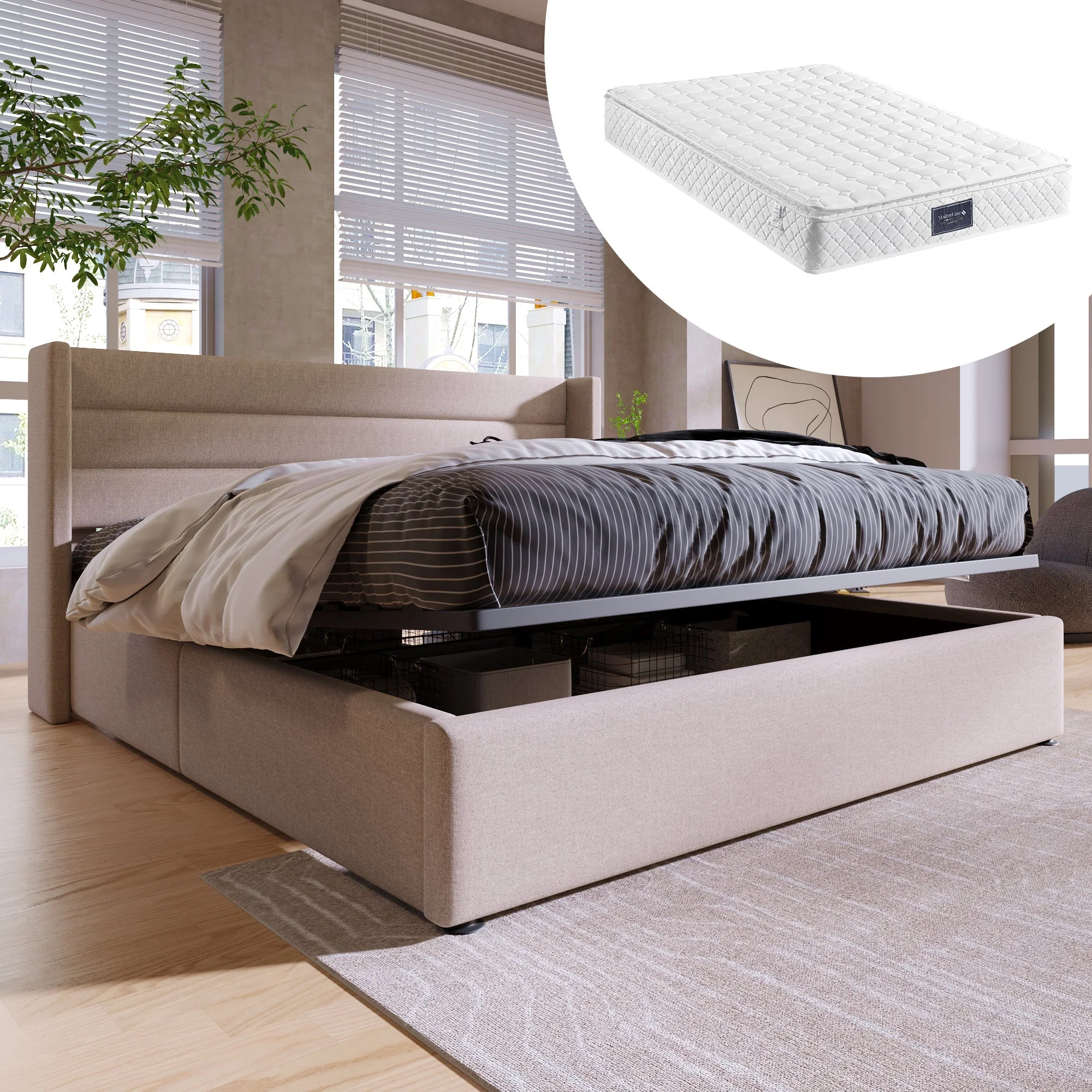 Storage Bed, Hydraulic Double 160x200cm with Mattress & Wooden Slats, Linen Beige