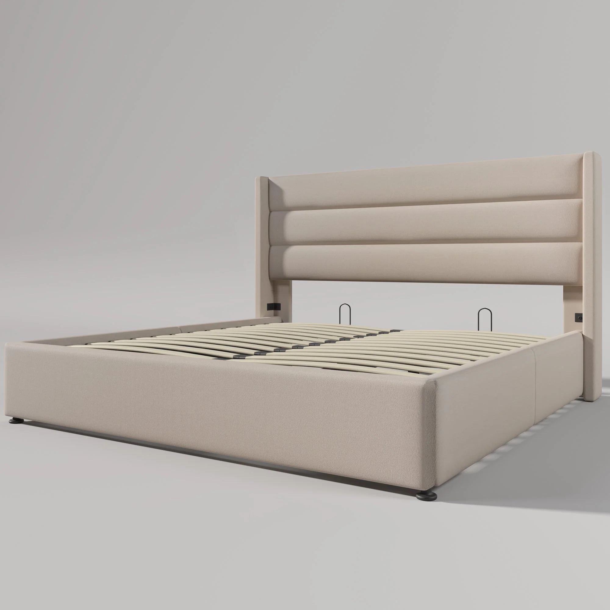 Storage Bed, Hydraulic Double 160x200cm with Mattress & Wooden Slats, Linen Beige - Image 10