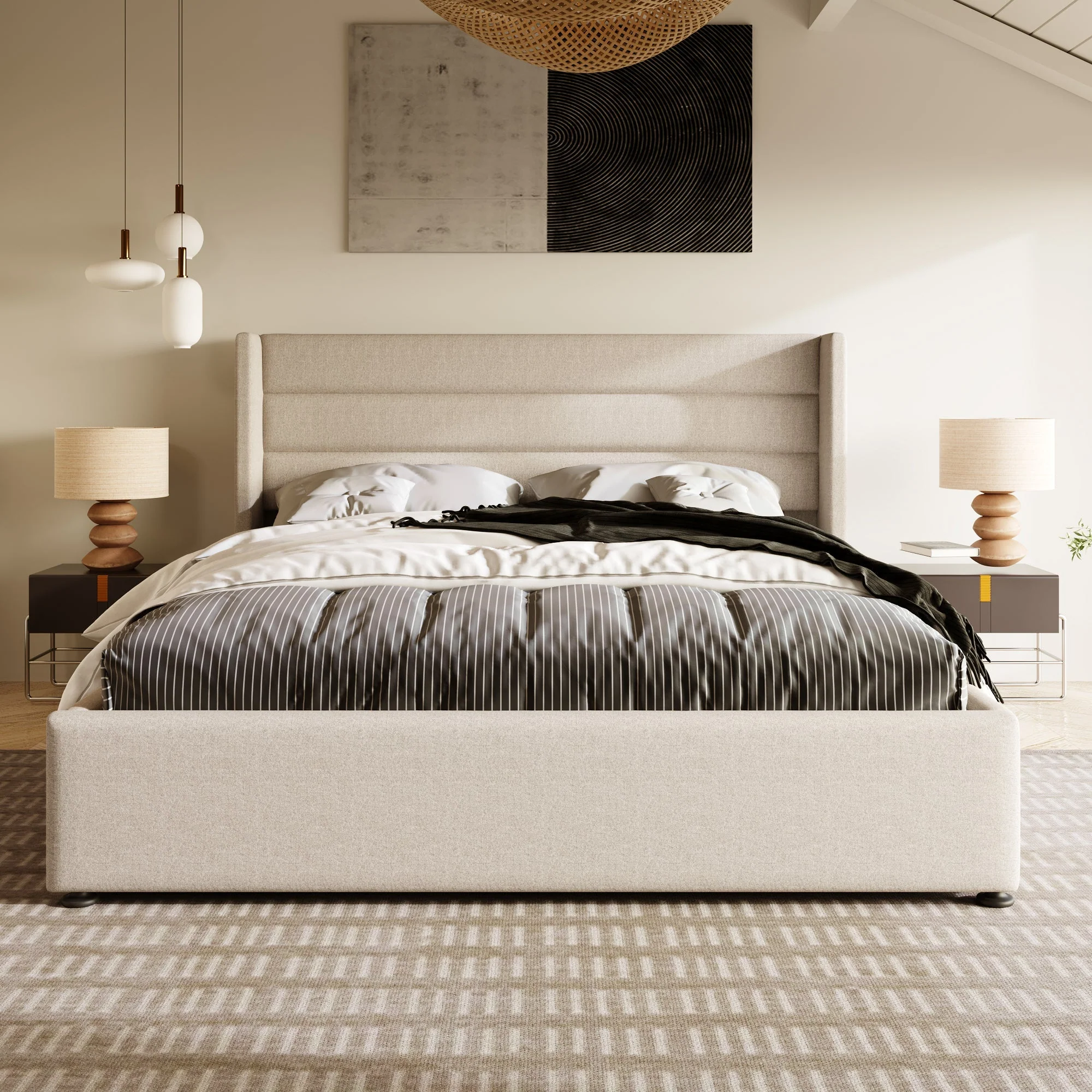 Storage Bed, Hydraulic Double 160x200cm with Mattress & Wooden Slats, Linen Beige - Image 2