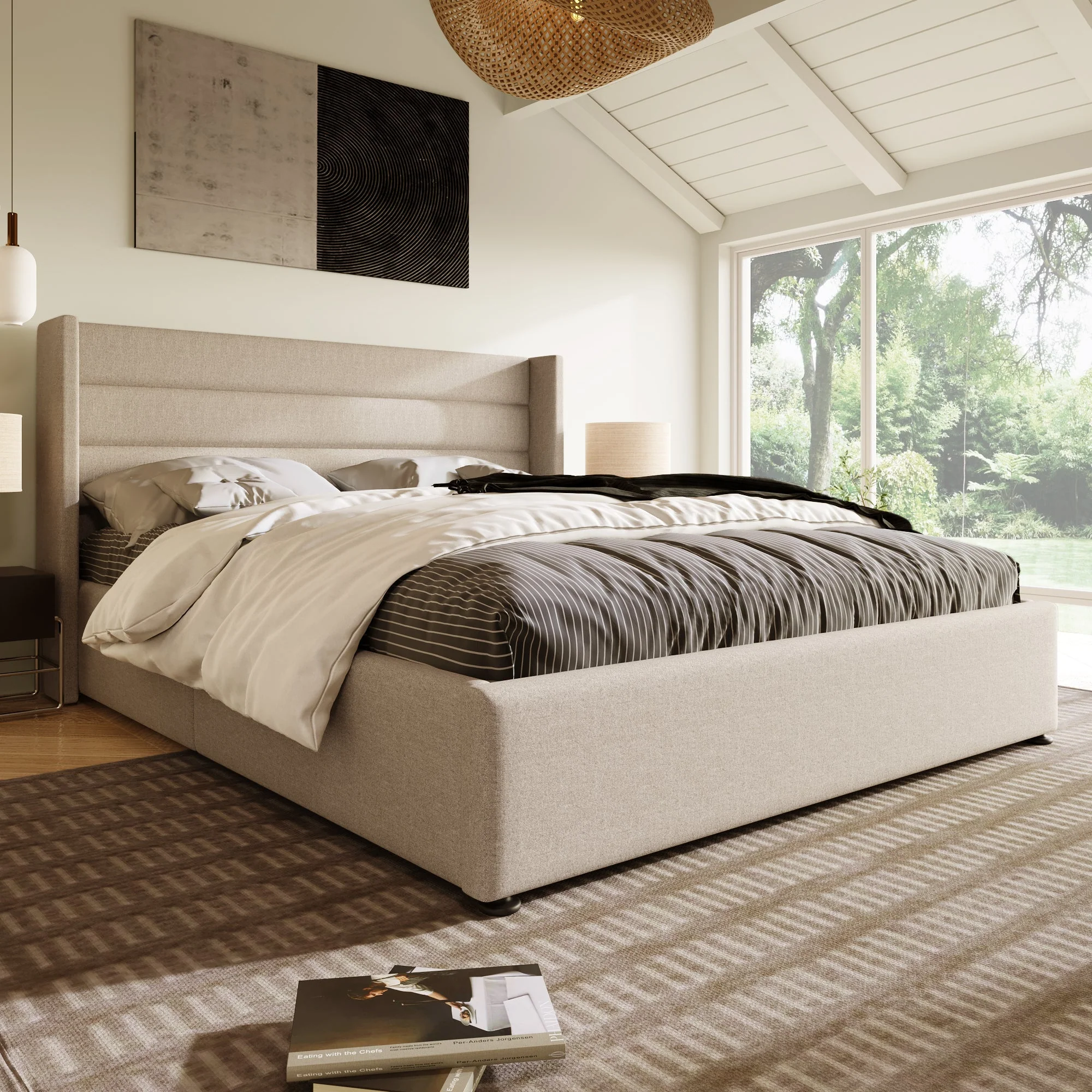 Storage Bed, Hydraulic Double 160x200cm with Mattress & Wooden Slats, Linen Beige - Image 3