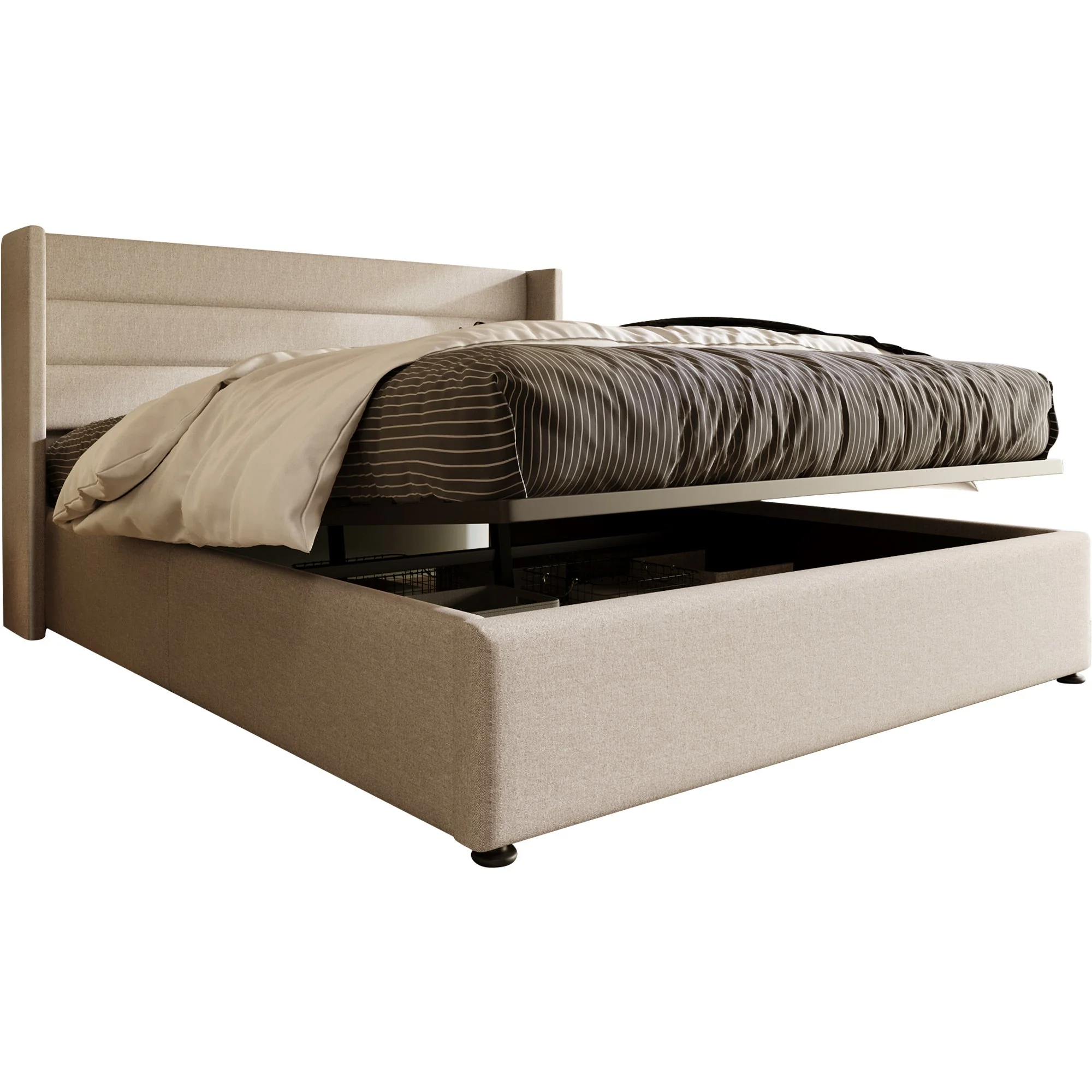 Storage Bed, Hydraulic Double 160x200cm with Mattress & Wooden Slats, Linen Beige - Image 4
