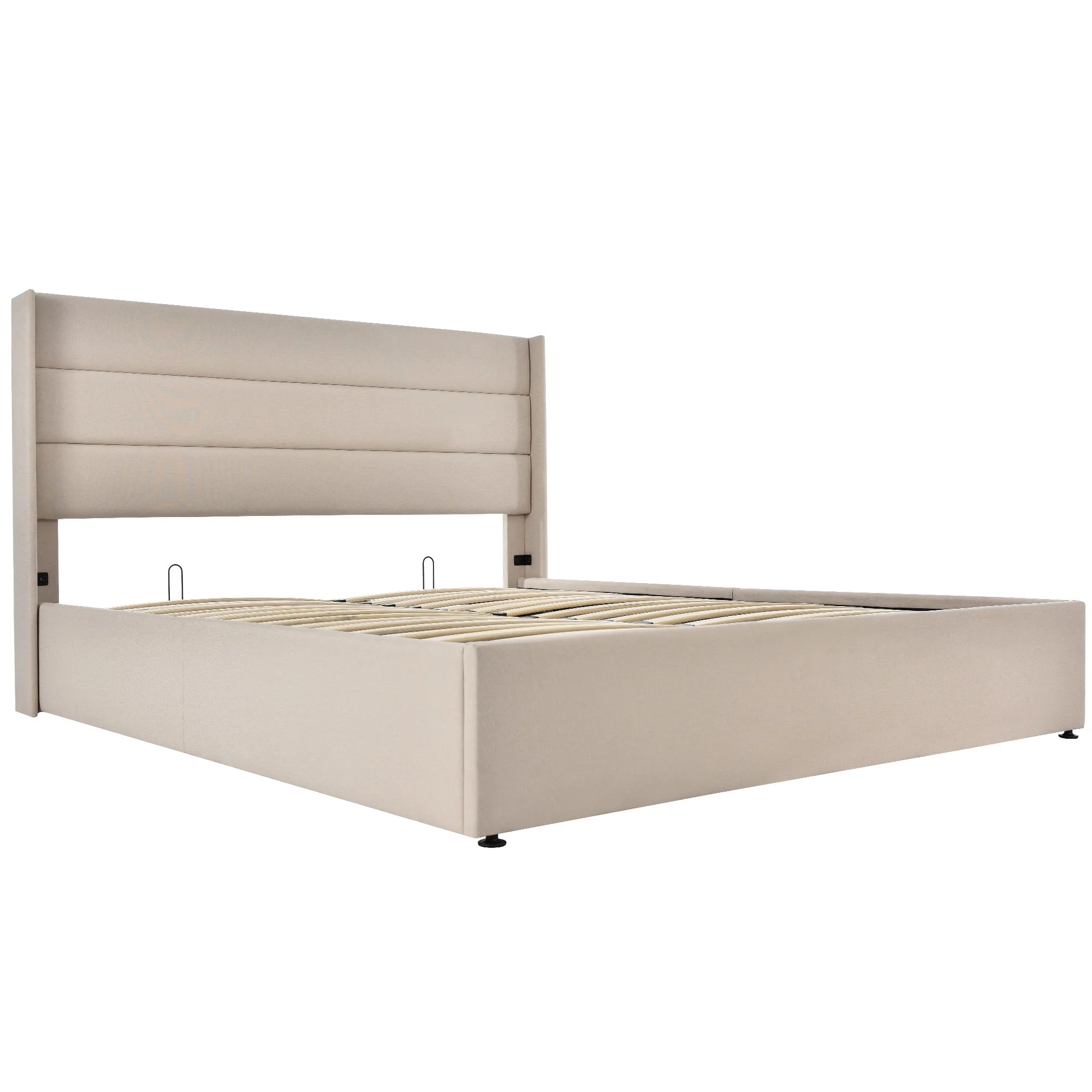 Storage Bed, Hydraulic Double 160x200cm with Mattress & Wooden Slats, Linen Beige - Image 5